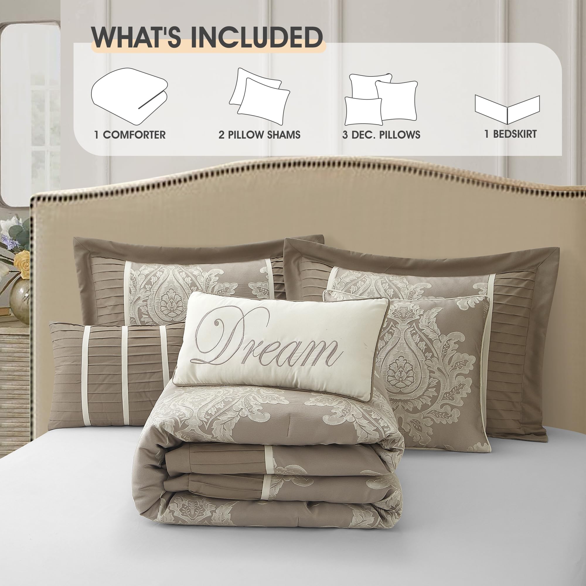 King Size Jacquard Damask Comforter Set 7 Pieces
