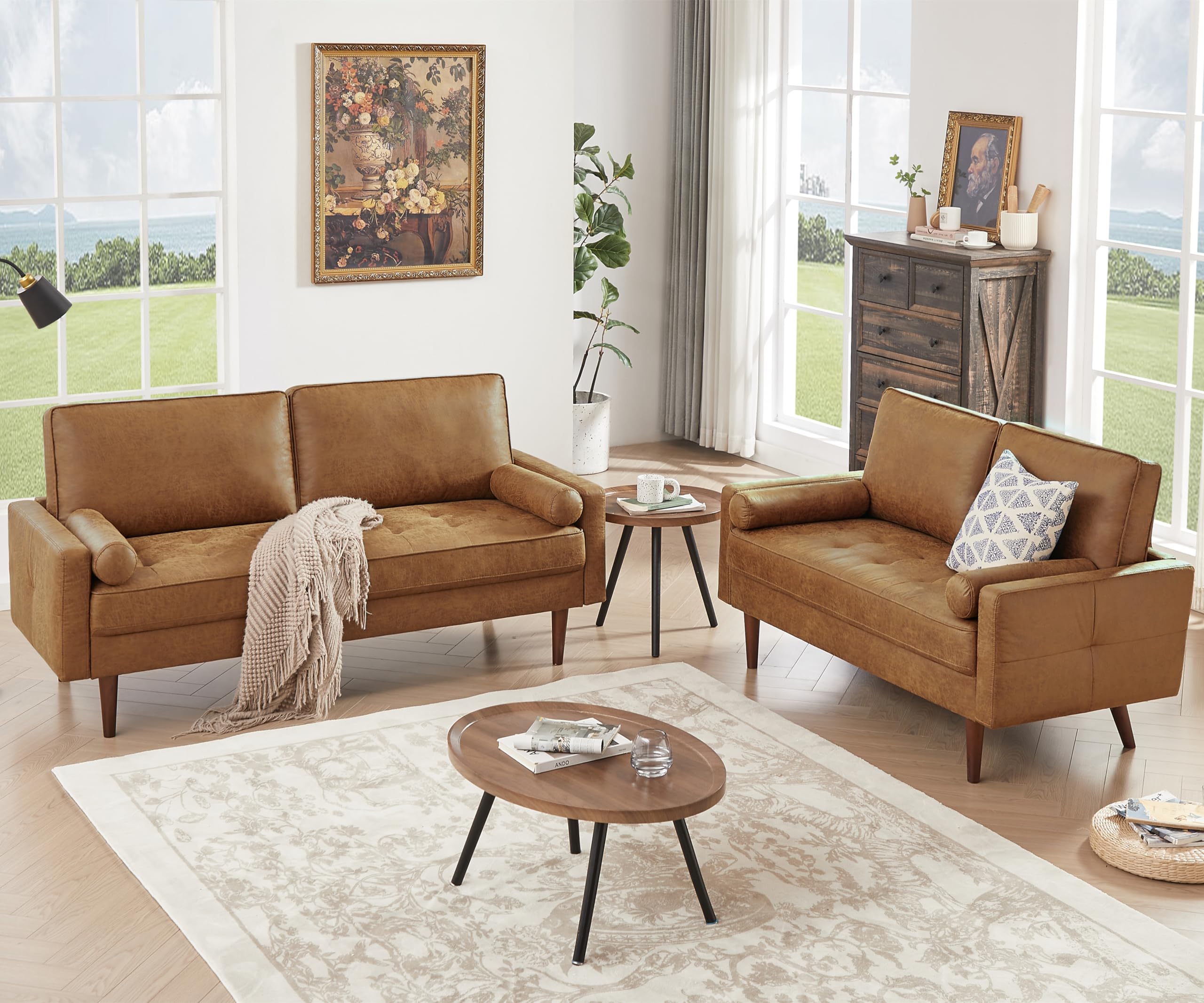 58" Mid-Century Modern Loveseat Sofa - Brown Faux Leather