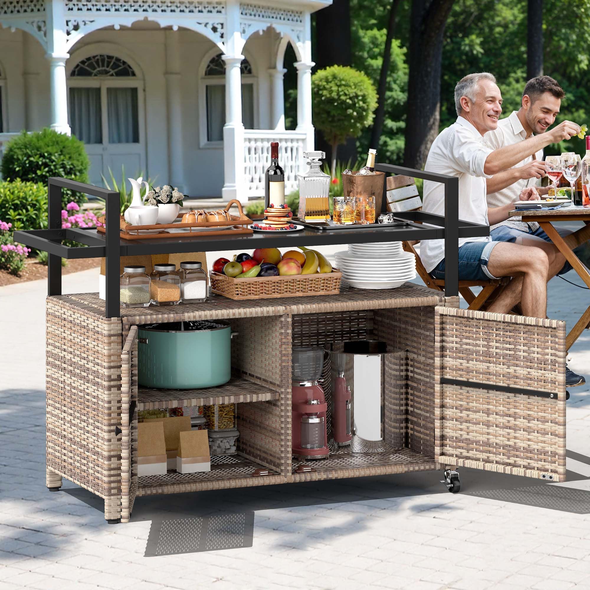 Outdoor Bar Cart with Storage and Glass Top