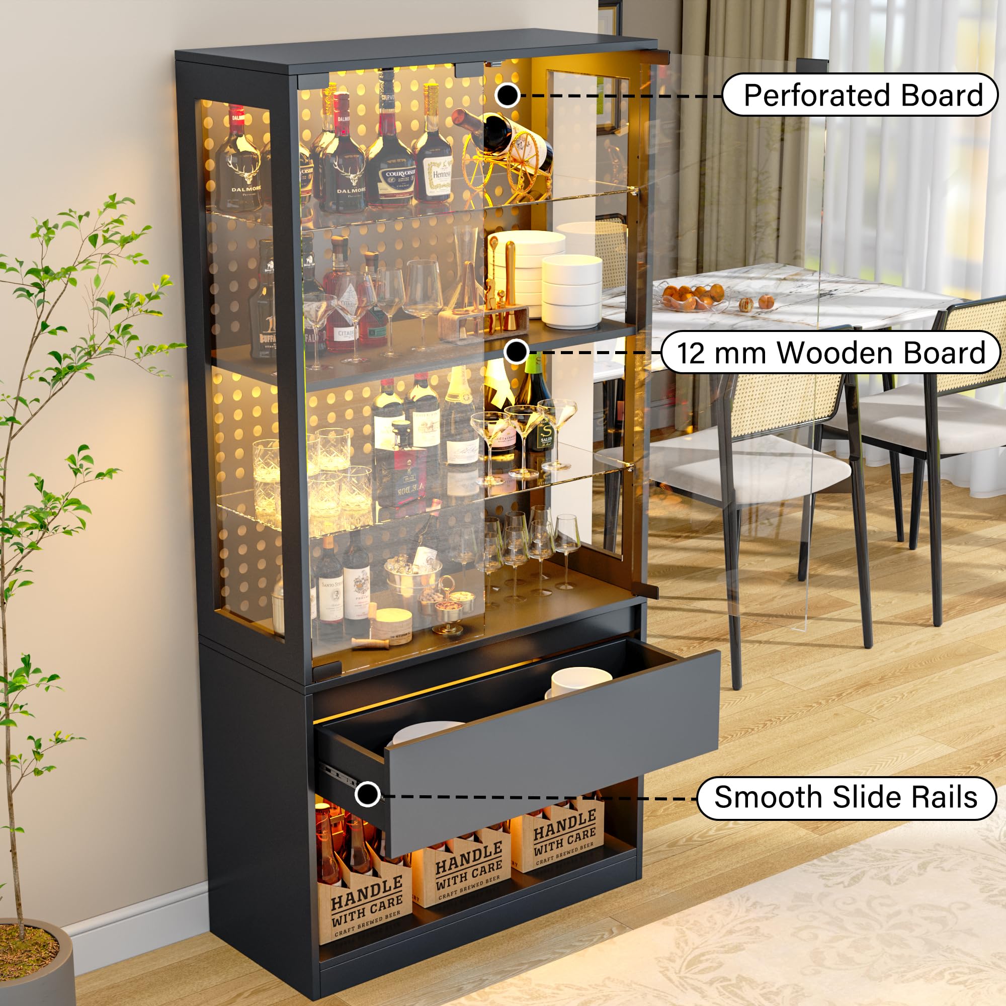 65" Glass Display Cabinet with LED Lights, Drawer & Pegboard