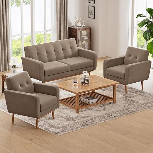 Button Tufted Living Room Set - 3 Piece Upholstered Sofa Collection