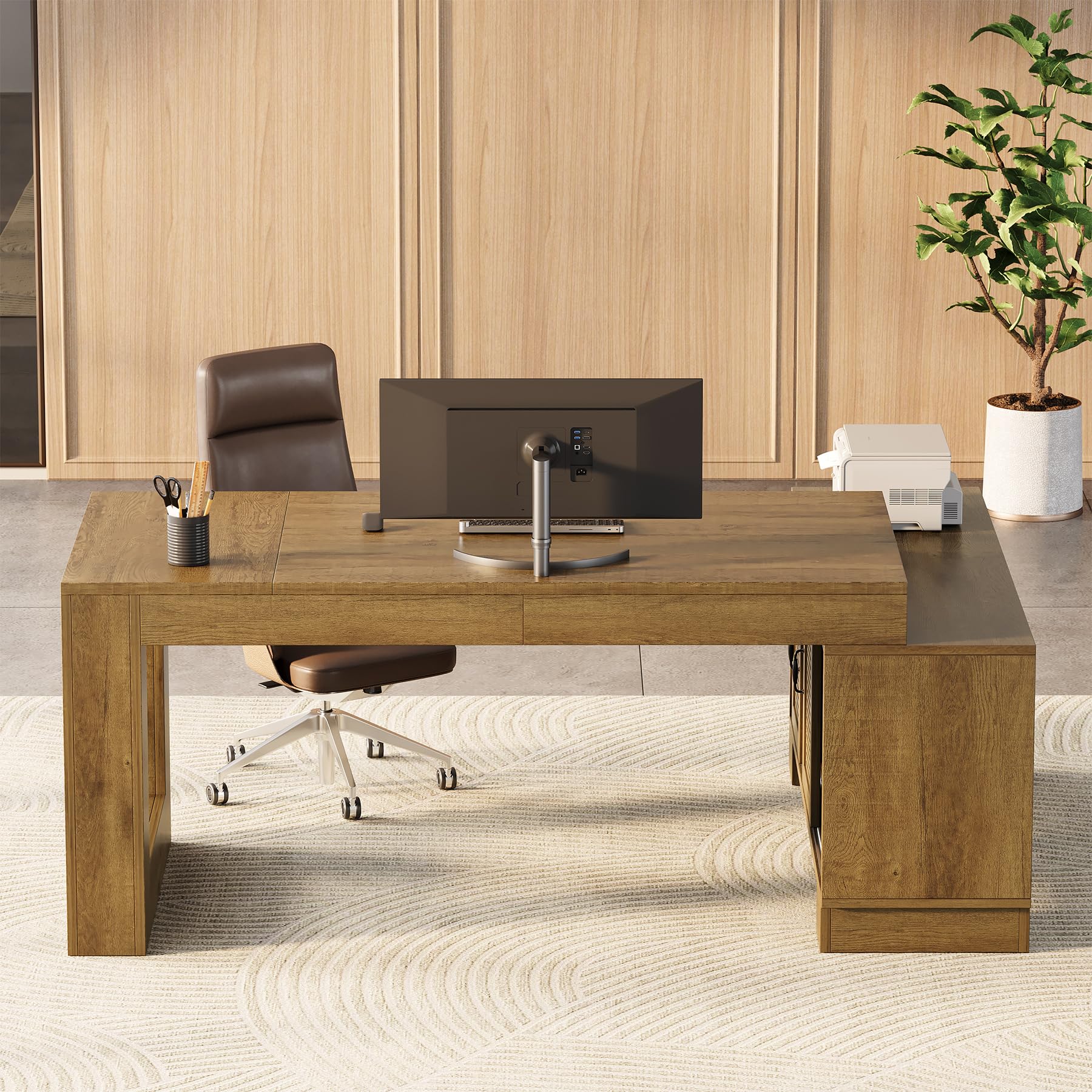L-Shaped Executive Desk with File Cabinet