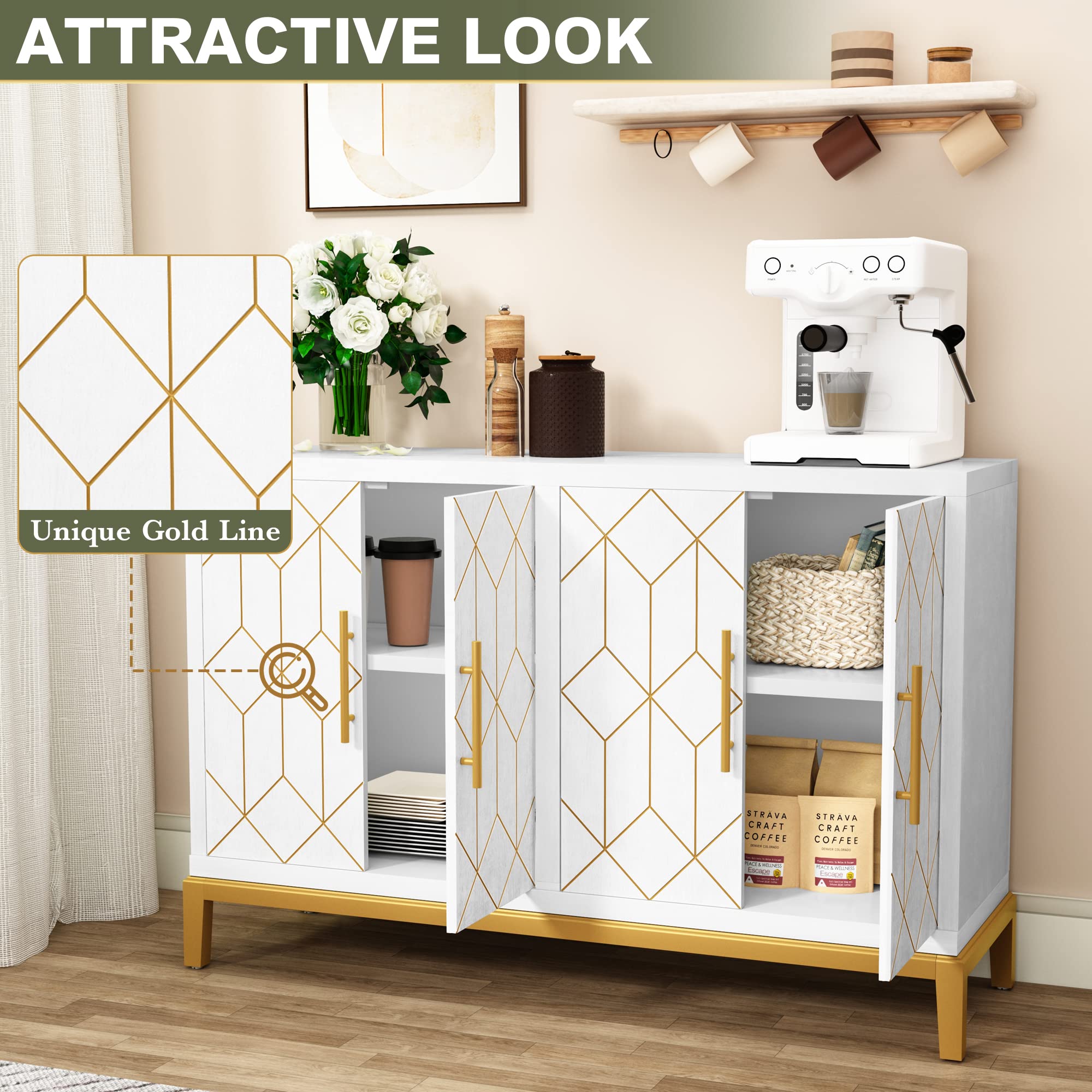 4-Door Buffet Cabinet with Gold Trim