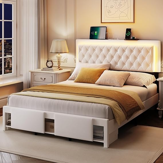 Queen Bed Frame with LED Headboard and Storage