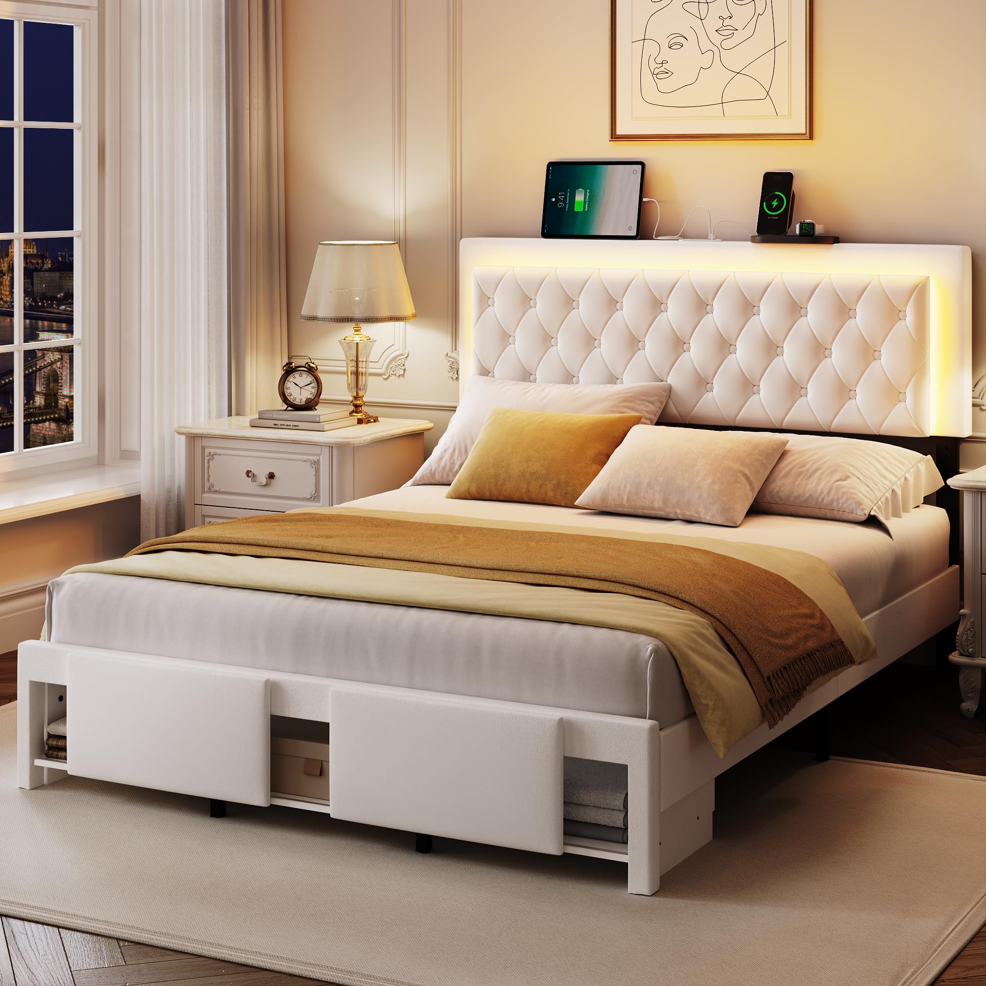 Queen Bed Frame with LED Headboard and Storage