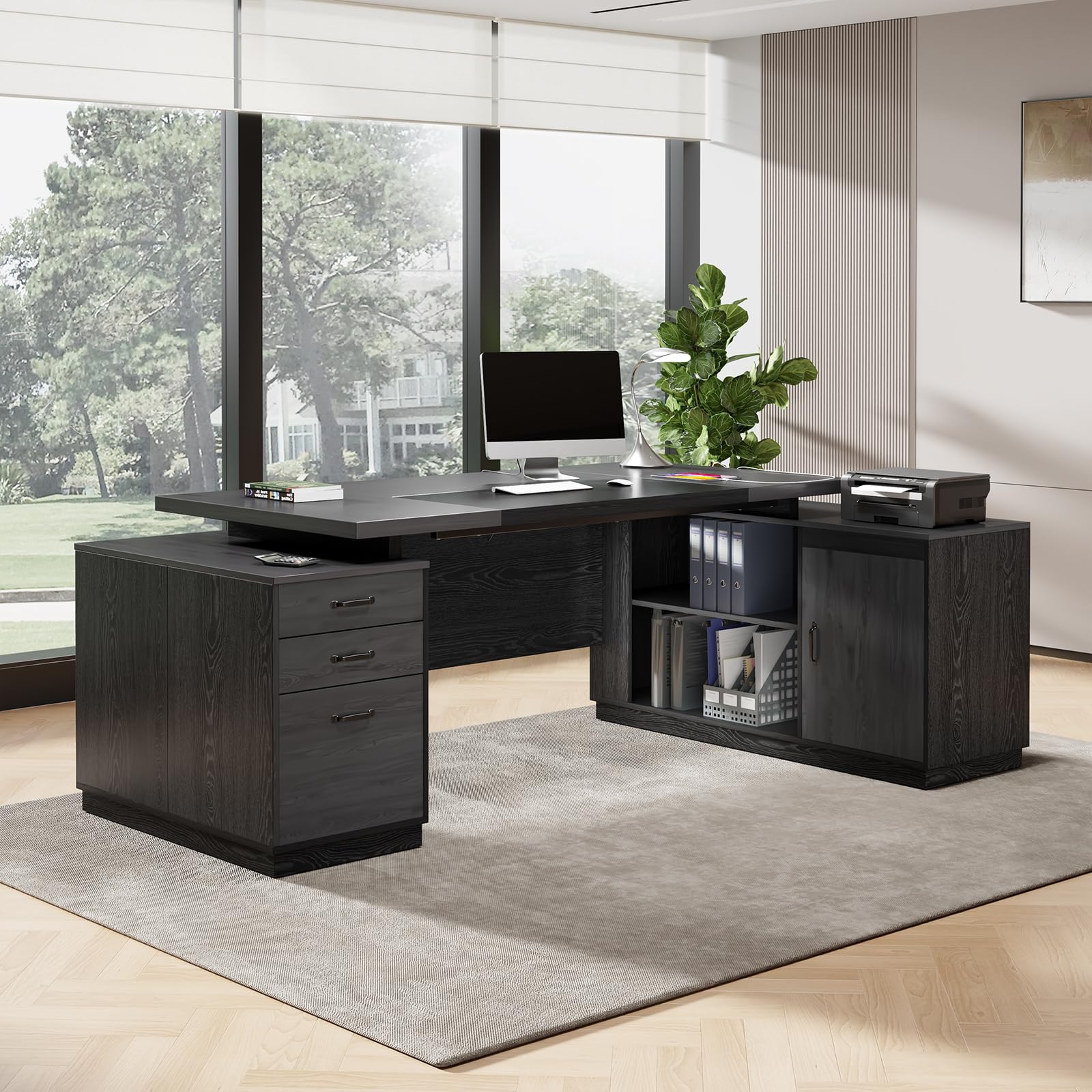 L-Shaped Desk with Drawers and Power Outlet