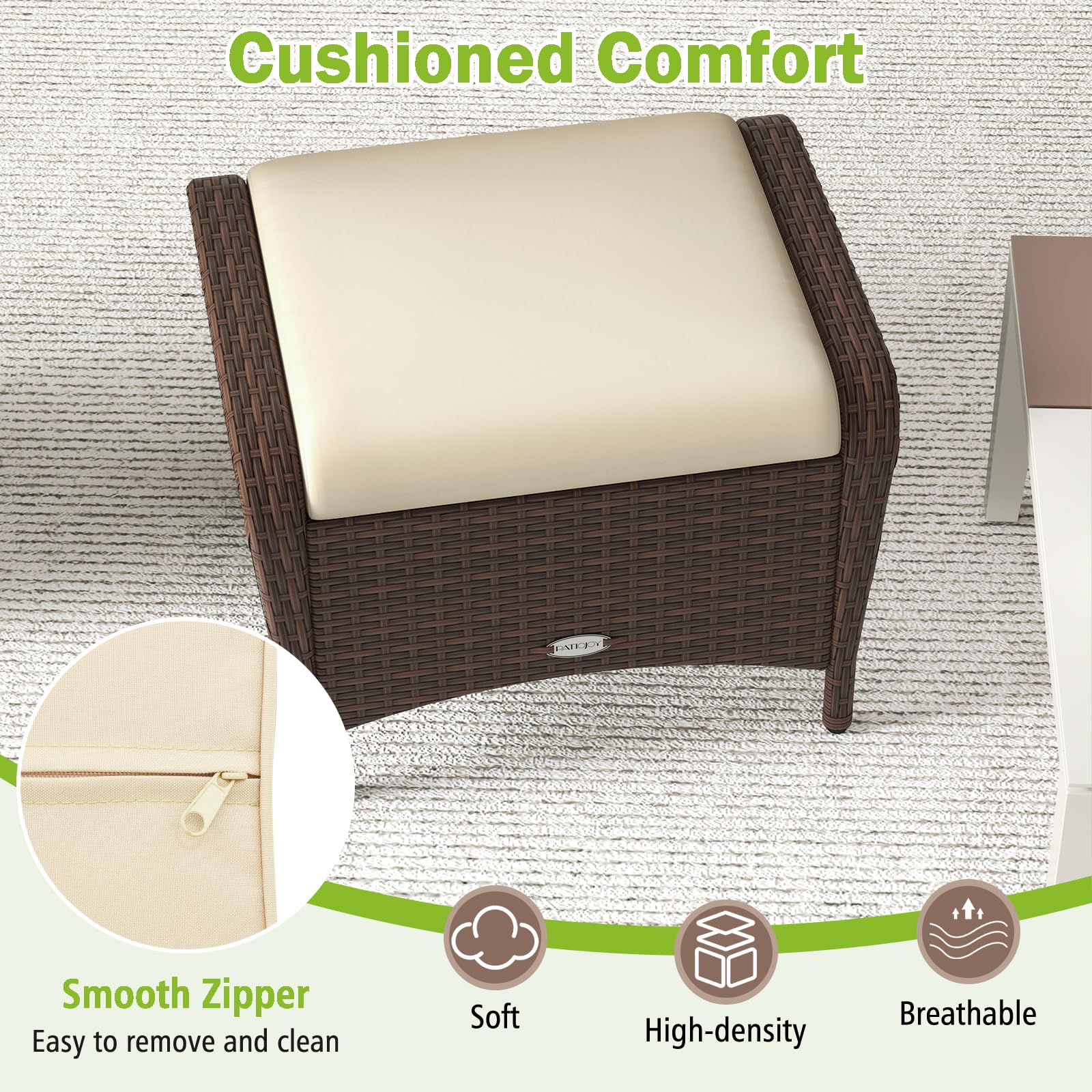 2-Piece Wicker Outdoor Ottoman Set with Removable Cushions