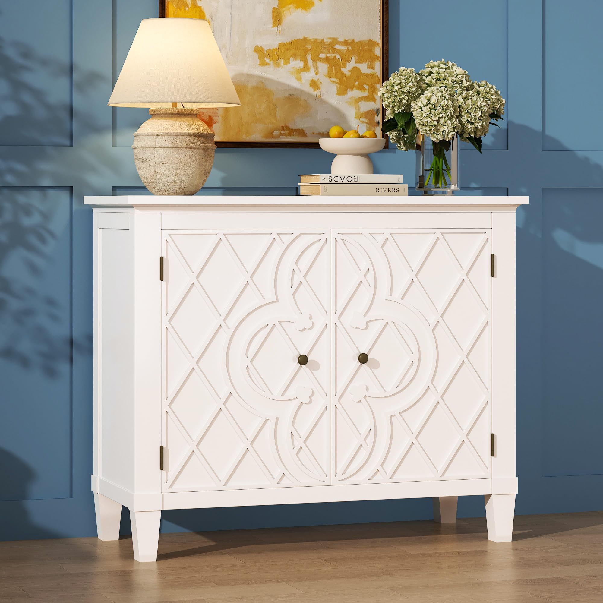 Distressed White Storage Cabinet with Carved Doors