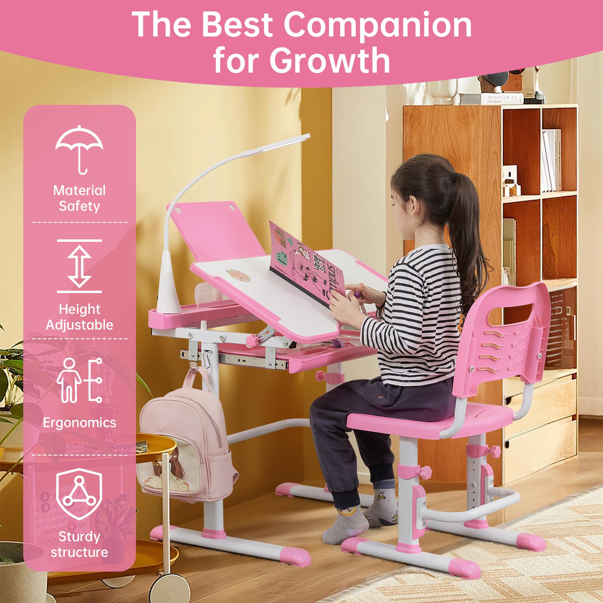 Kids Desk and Chair Set with Tilt Desktop and LED Light