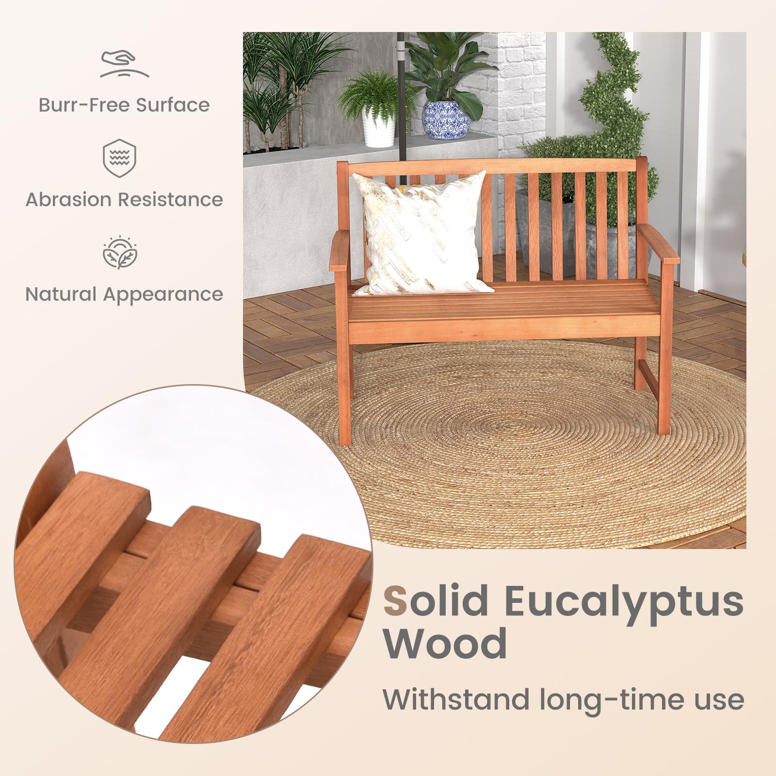 2-Person Eucalyptus Wood Patio Bench