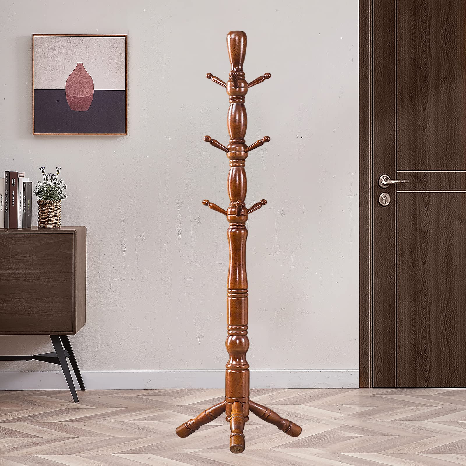 Wood Coat Rack Hall Tree with Triangle Base and 9 Hooks