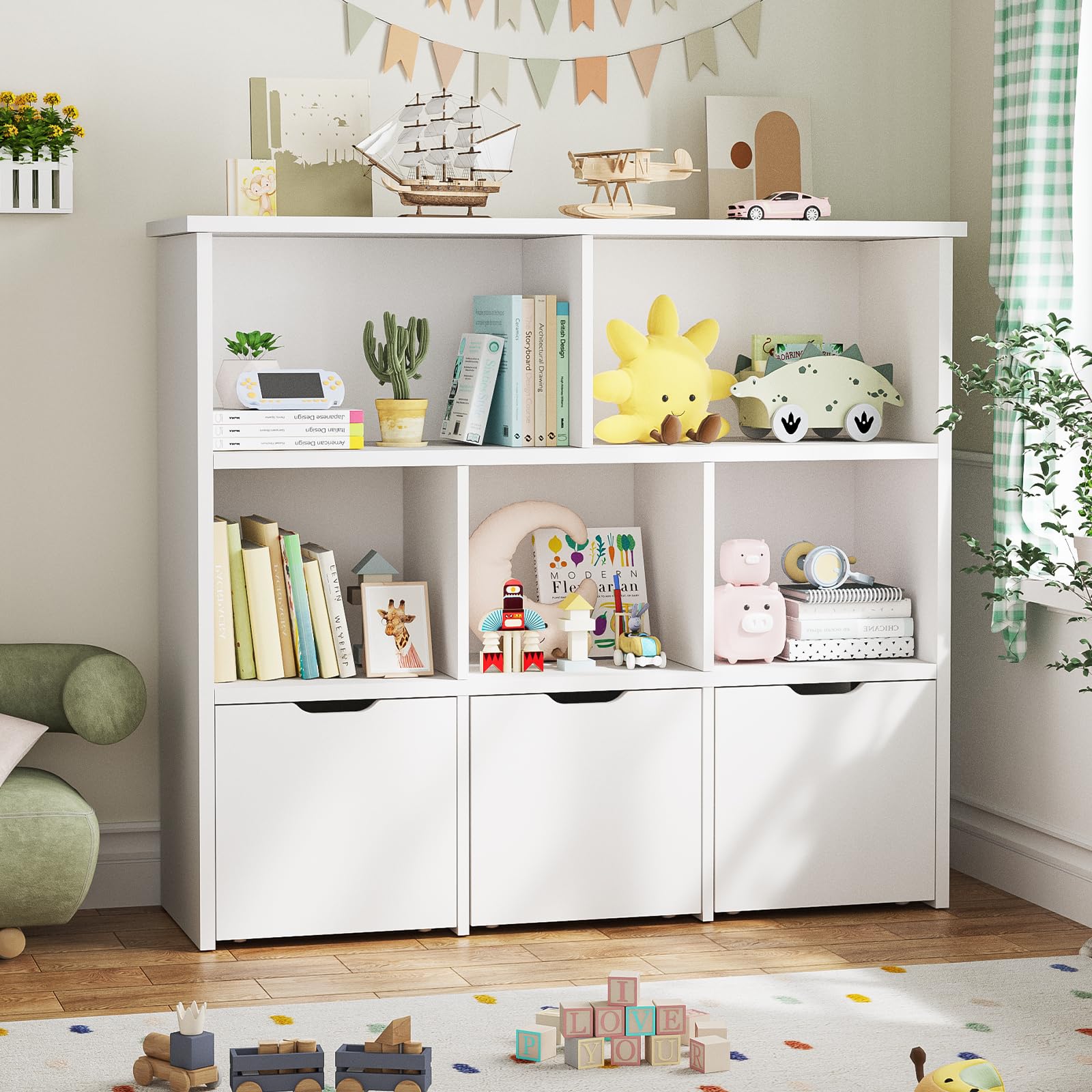 Kids Bookshelf and Toy Storage Organizer with Drawers