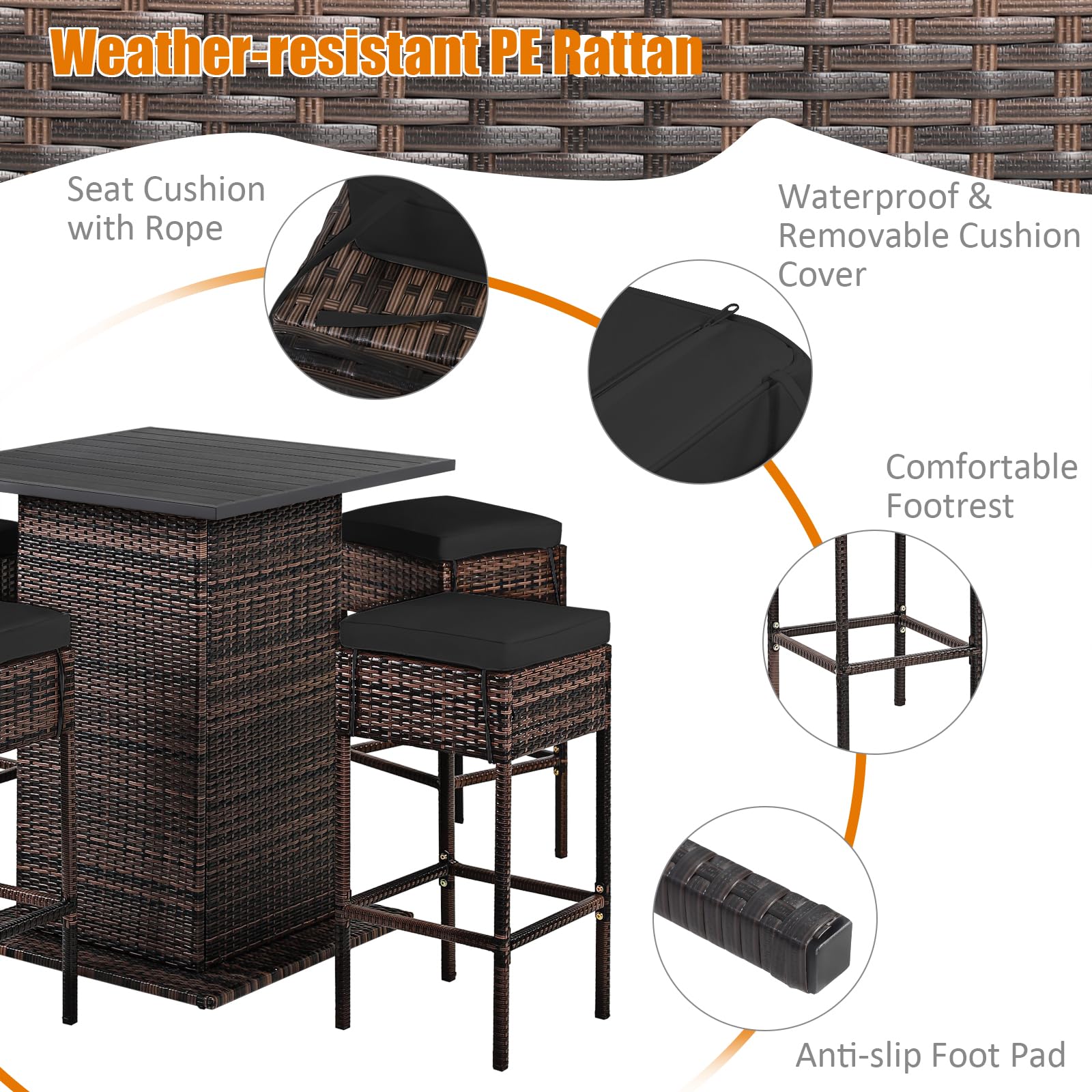 5-Piece Outdoor Wicker Bar Set with Storage