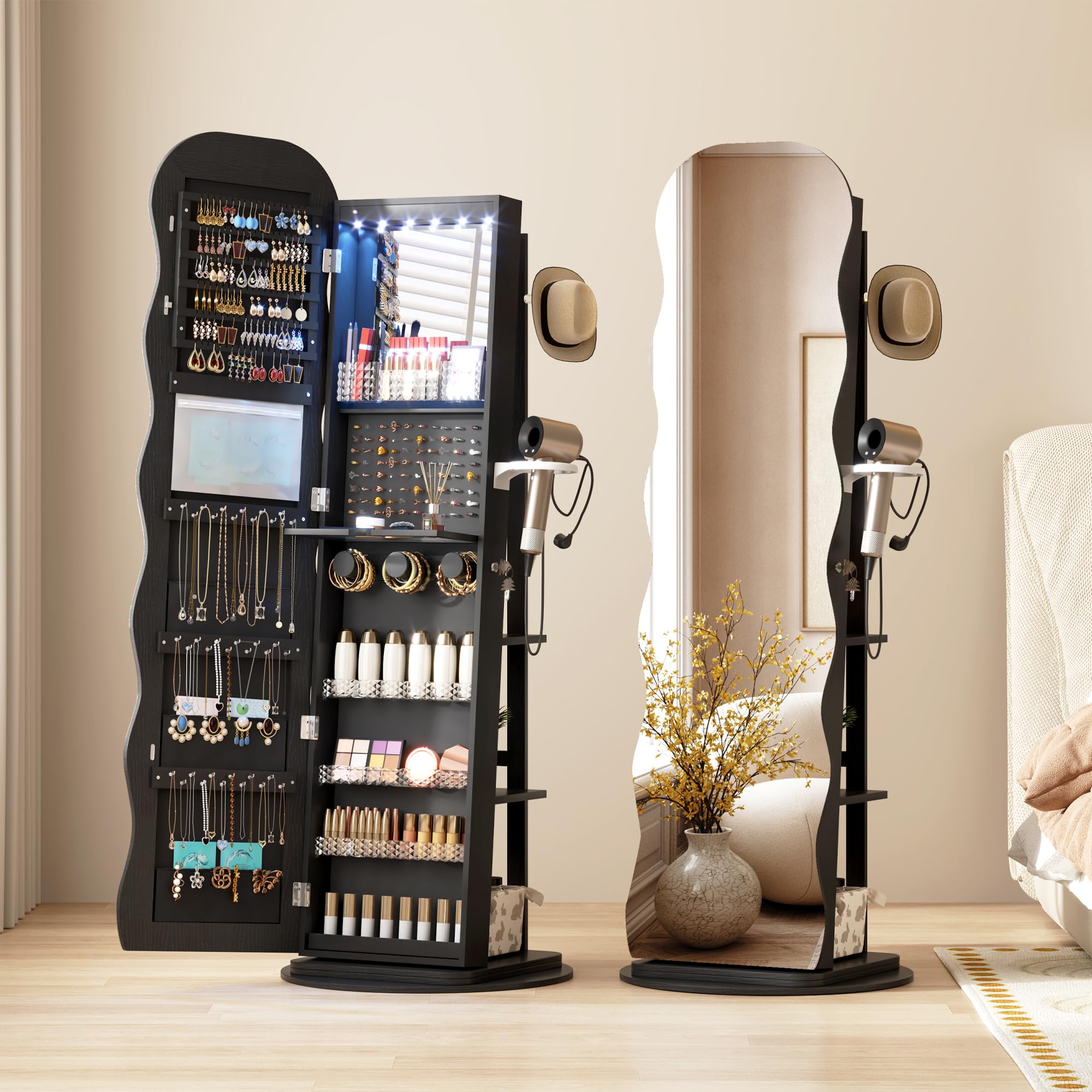 360° Swivel Jewelry Armoire with Wavy Mirror