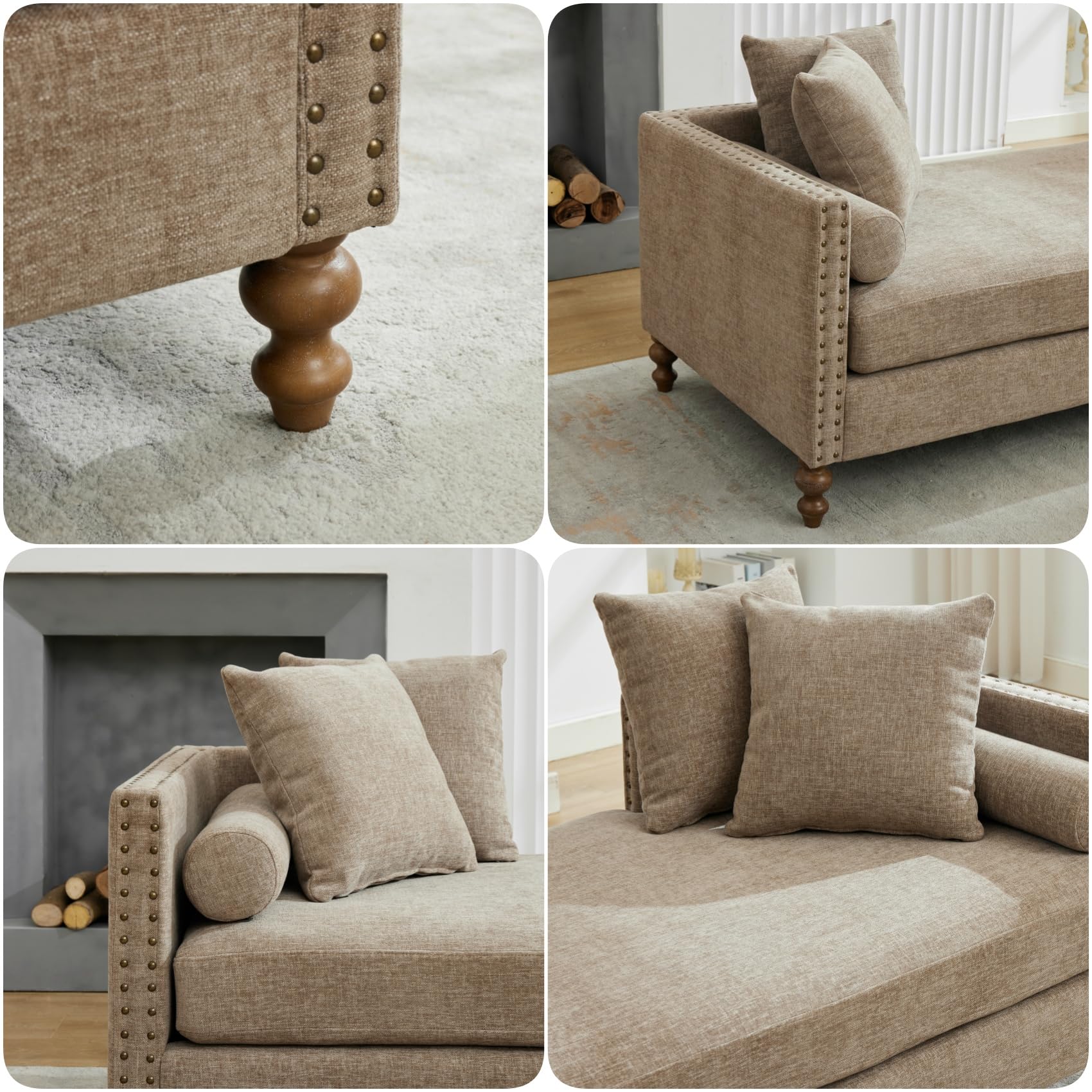 KEIKI 75" Chenille Indoor Chaise Lounge Chair with 4 Pillows, 2 Bolsters & Nailheads, Upholstered Sleeper Sofa Couch Day Bed, Rubber Wood Legs Daybed Recliner Bench for Living Room Bedroom Apartment