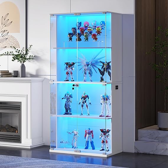 Glass Display Cabinet with LED Lights 4-Tier Curio Display Case with Lock