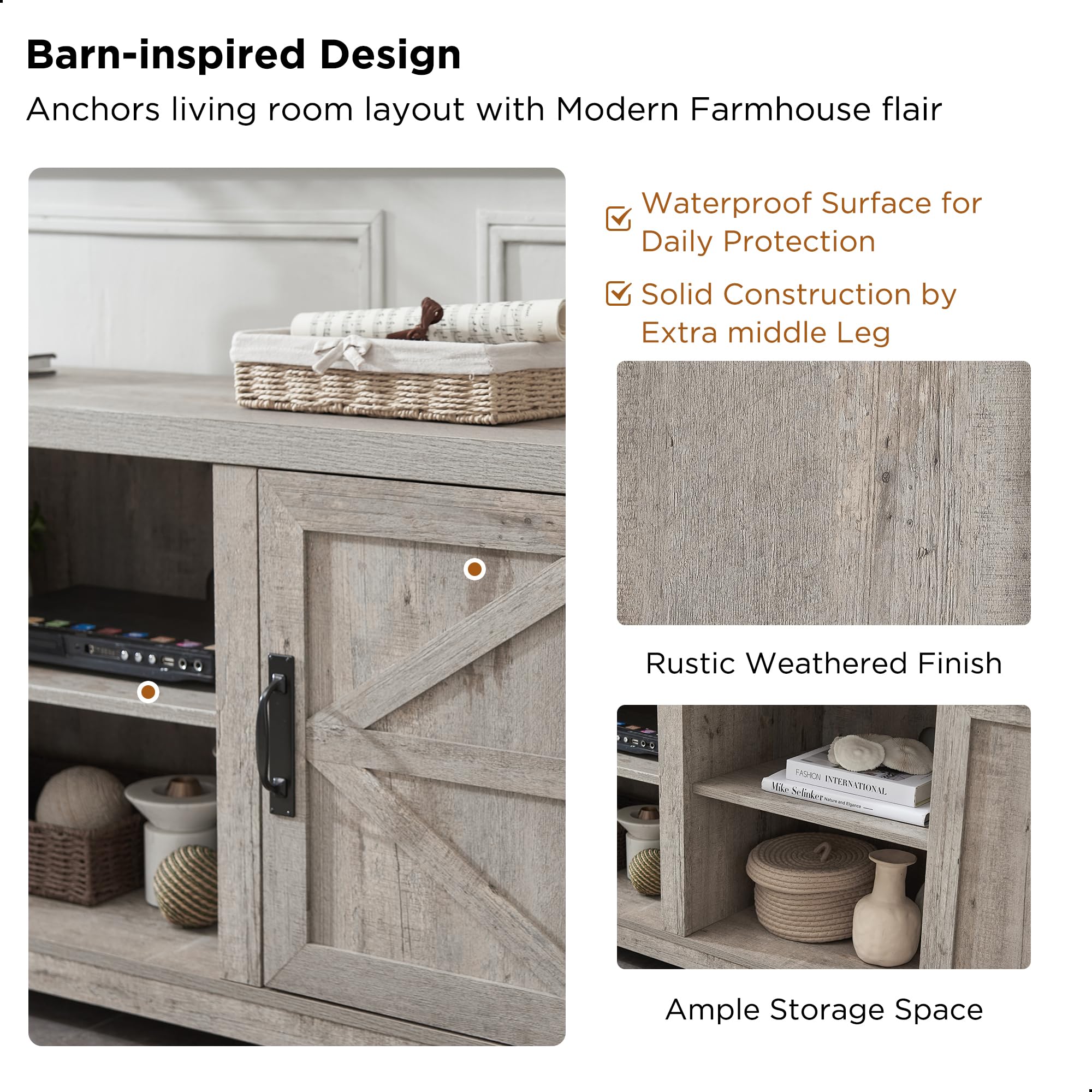 Farmhouse TV Stand with Barn Doors for TVs Up to 75 Inches