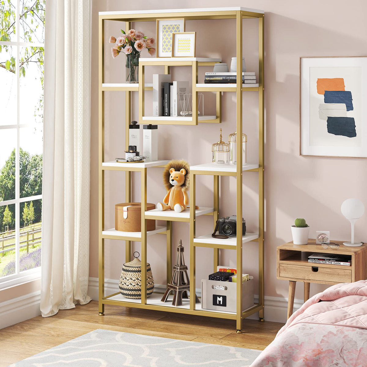 71" Tall Geometric Bookshelf with Storage Shelves