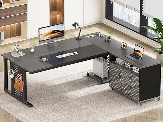 L-Shaped Executive Desk with Rolling File Cabinet