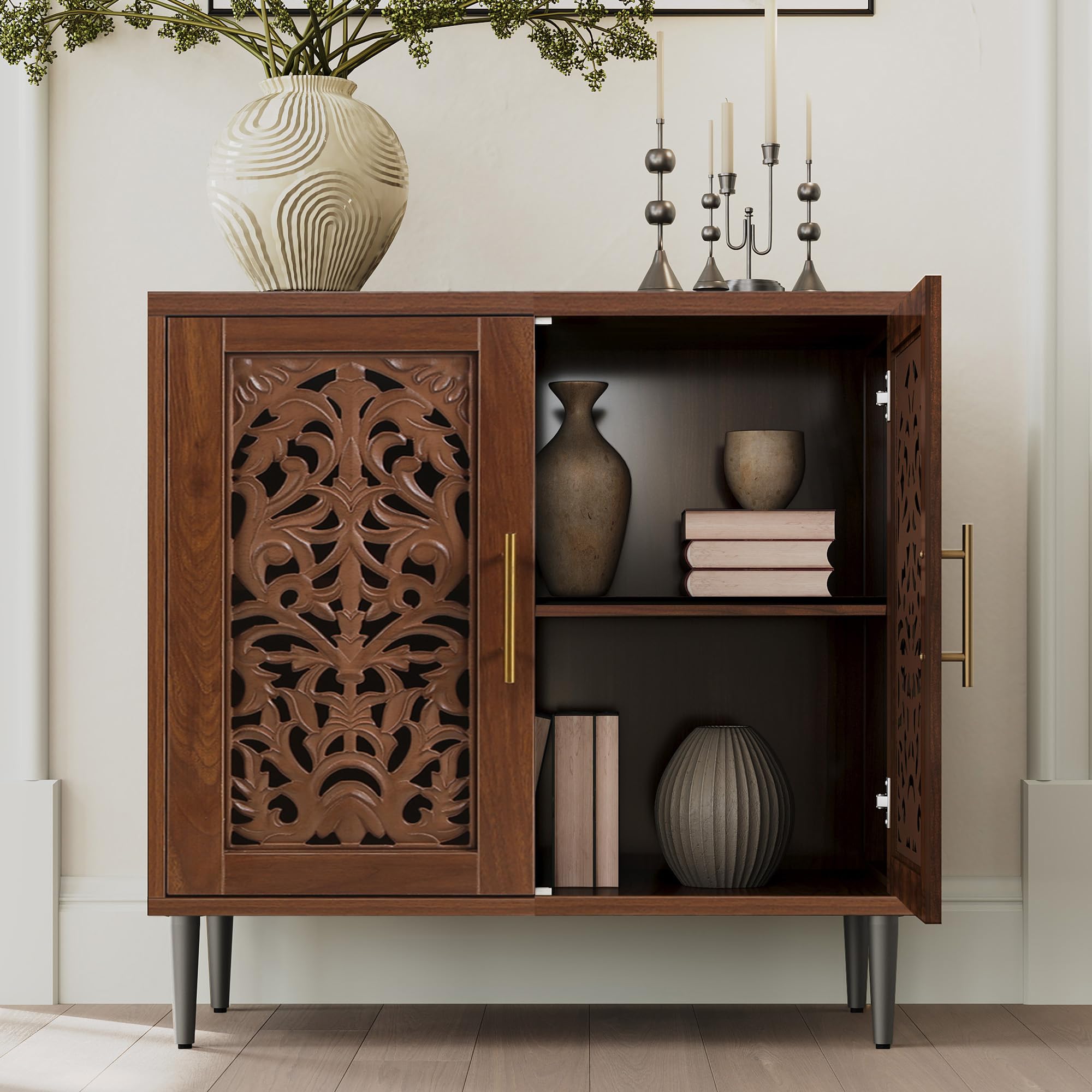 Vintage Hollow Carved Buffet Cabinet with Storage