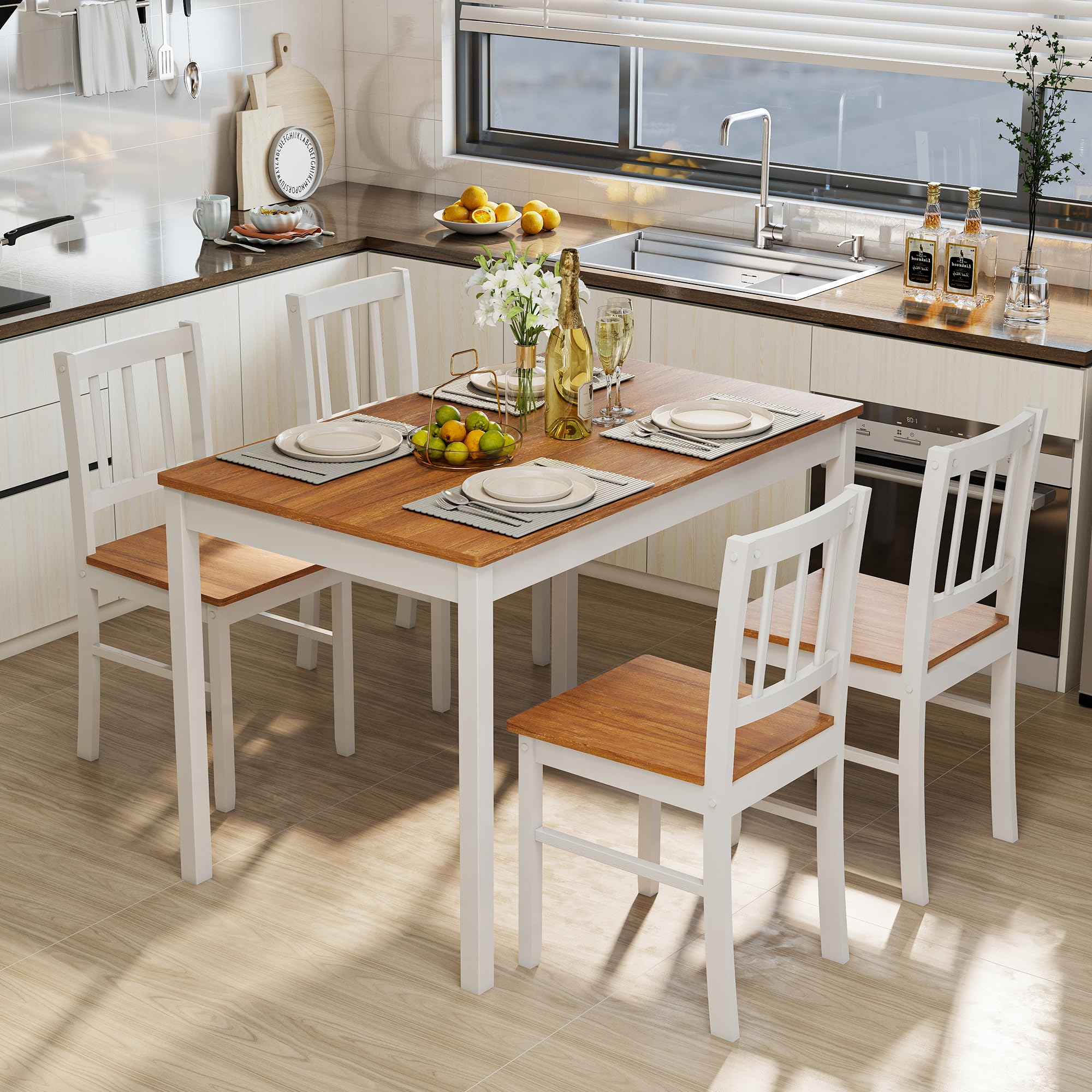 5-Piece Dining Table Set for 4 with Solid Wood Chairs