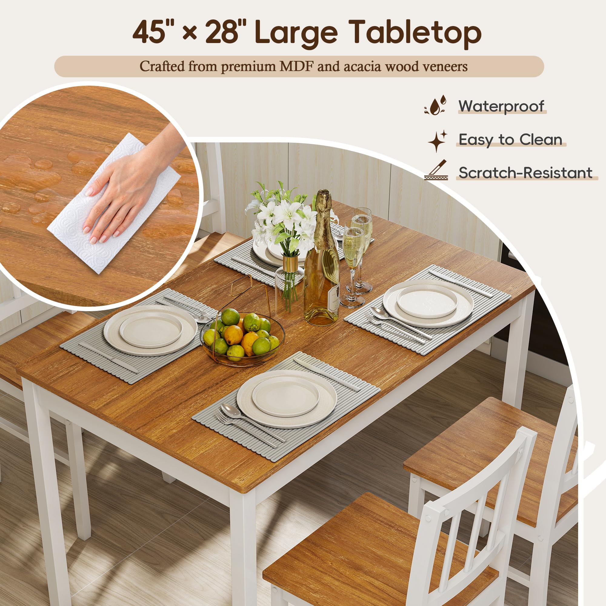 5-Piece Dining Table Set for 4 with Solid Wood Chairs