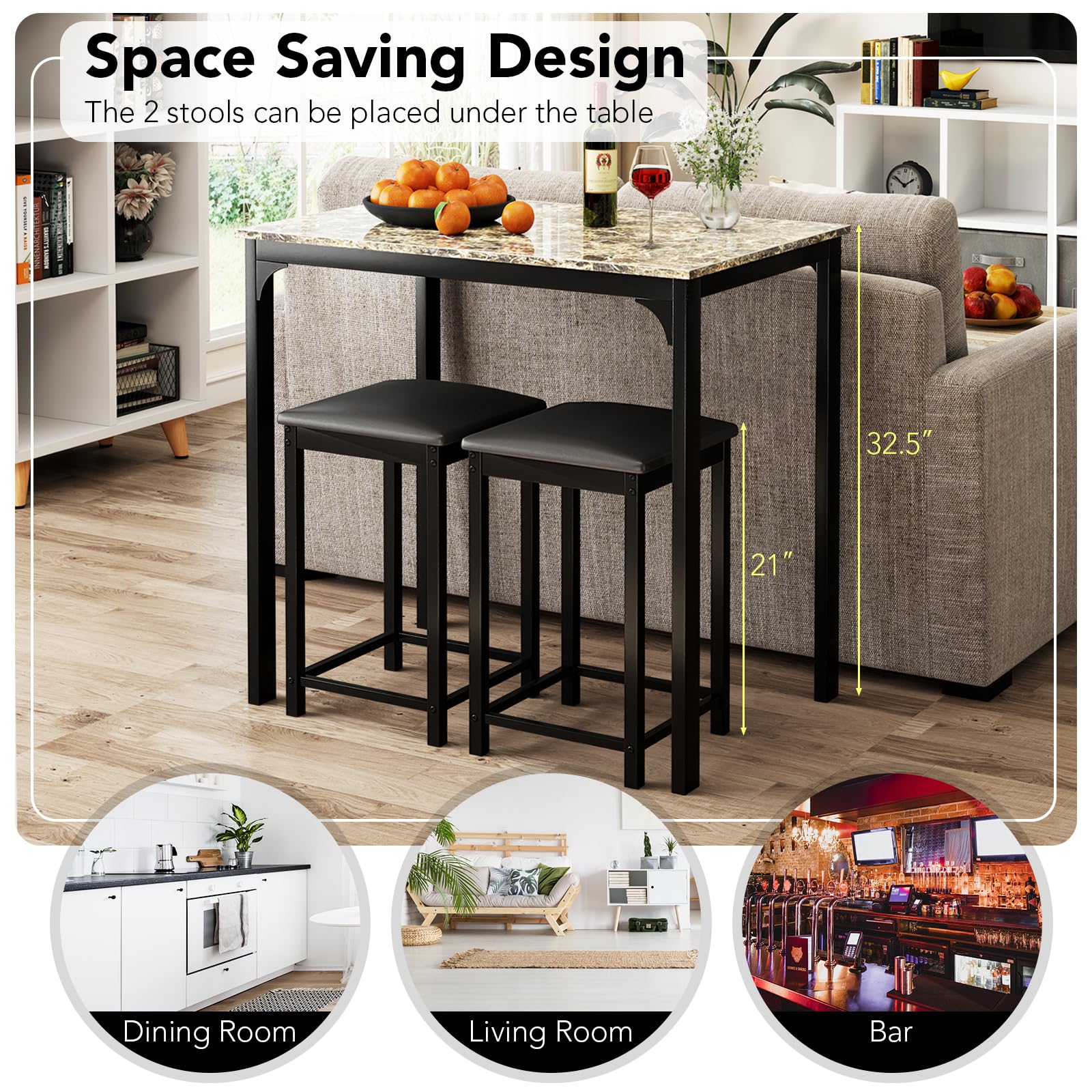 3-Piece Counter Height Dining Set with Bar Stools