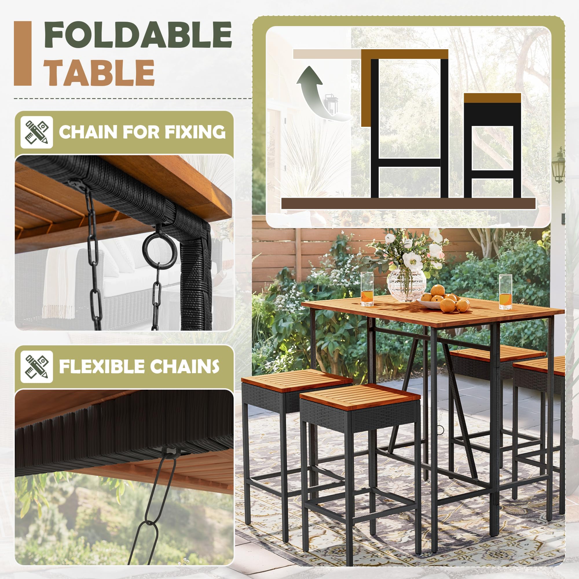 5-Piece Acacia Wood Bar Height Patio Set