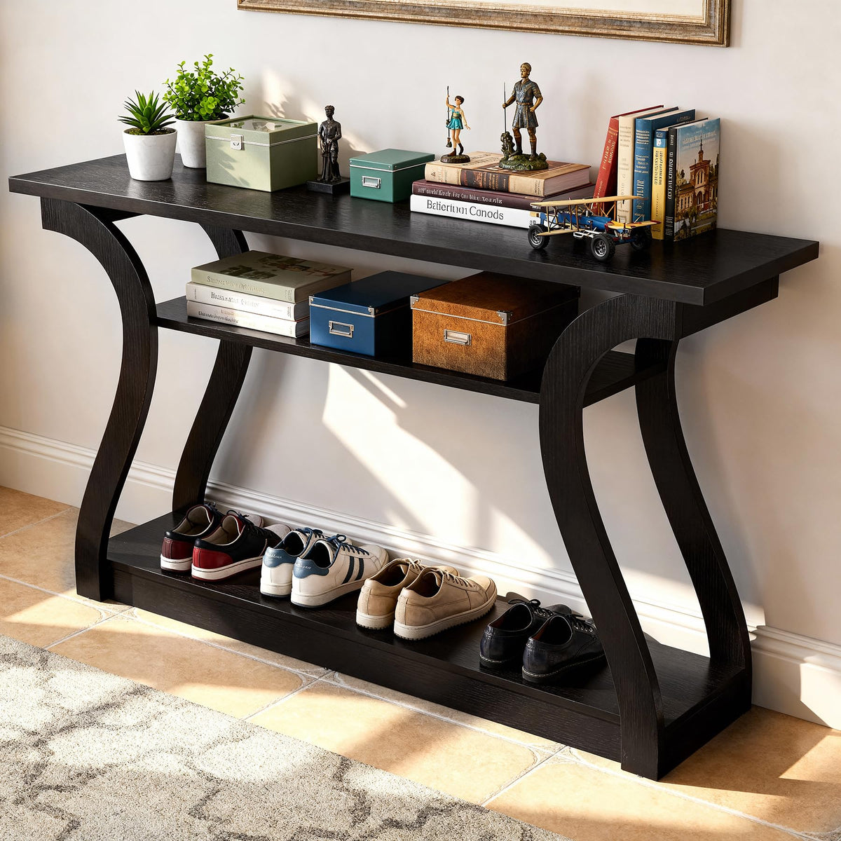 3-Tier Wood Console Table with Curved Legs - 47 Inch Cappuccino