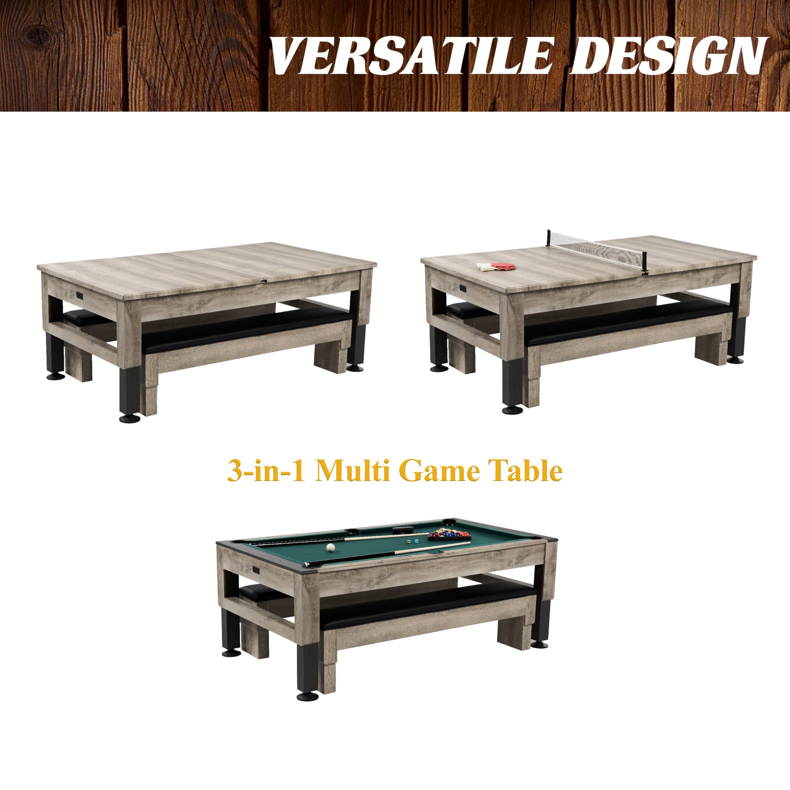 7' 3-in-1 Pool Table with Dining Top & Table Tennis