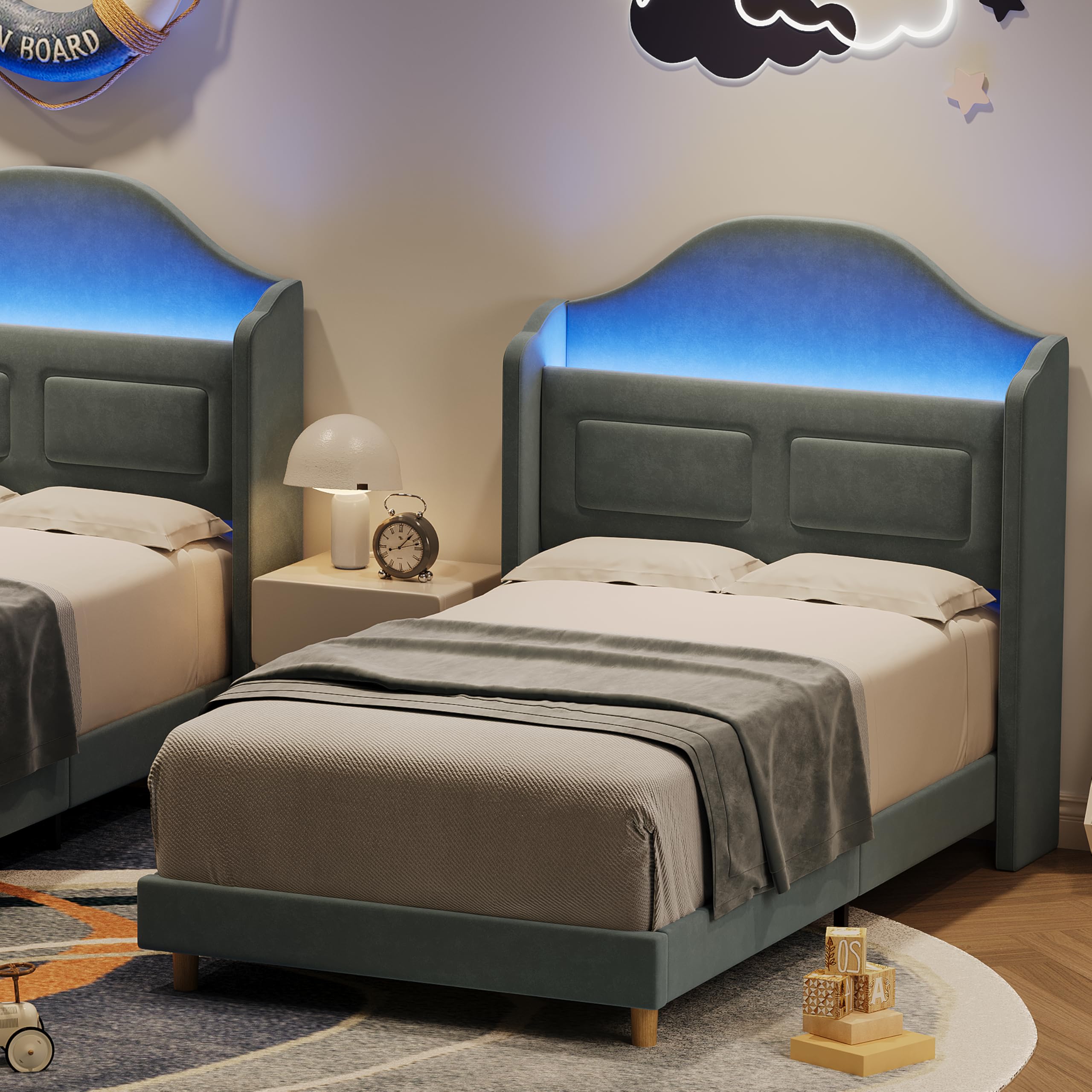 Twin LED Platform Bed with Storage Headboard