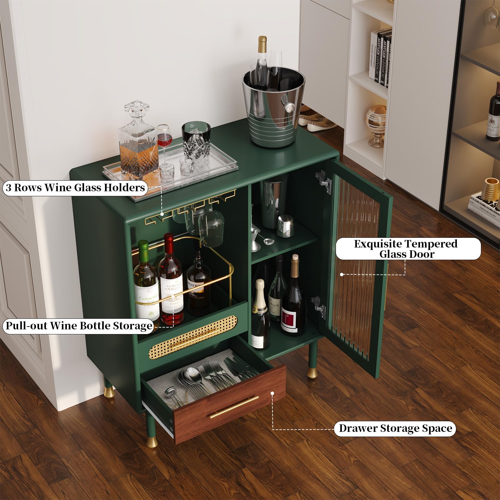 Modern Coffee Bar Cabinet with Wine Glass Rack and Drawers