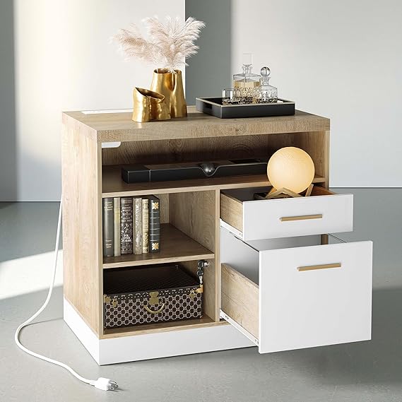 2 Drawer Wood File Cabinet with Lock and Power Strip