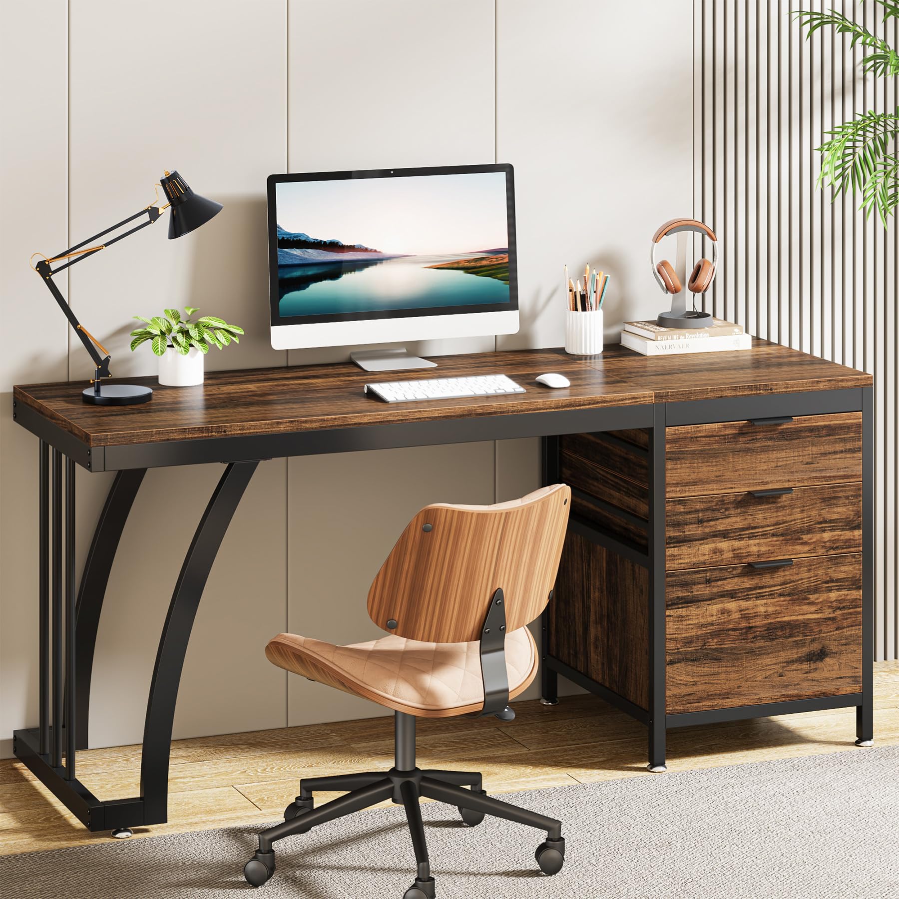 Computer Desk with 3 Drawers 59-Inch Industrial Writing Table