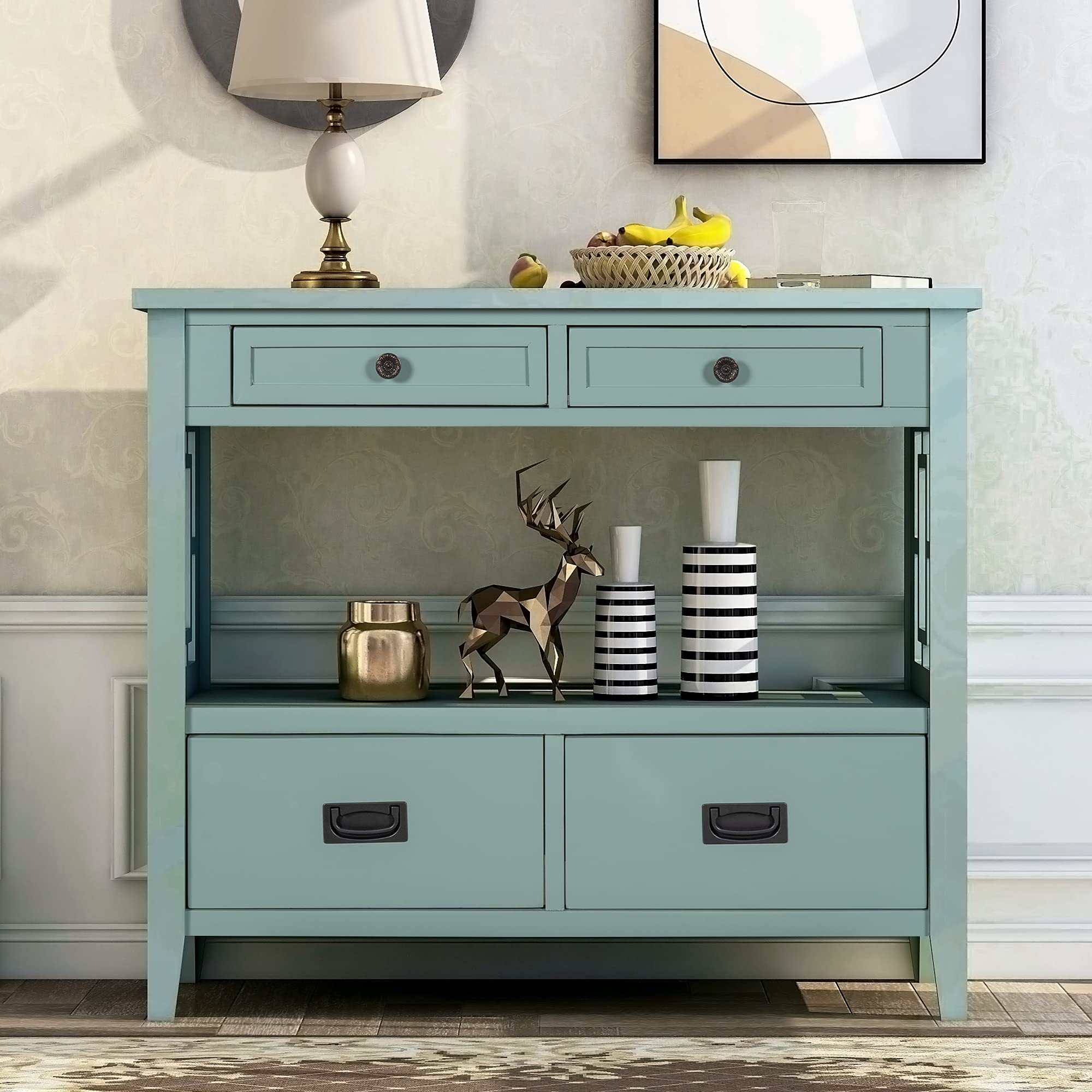 Console Table with 4 Drawers and Shelf - Green