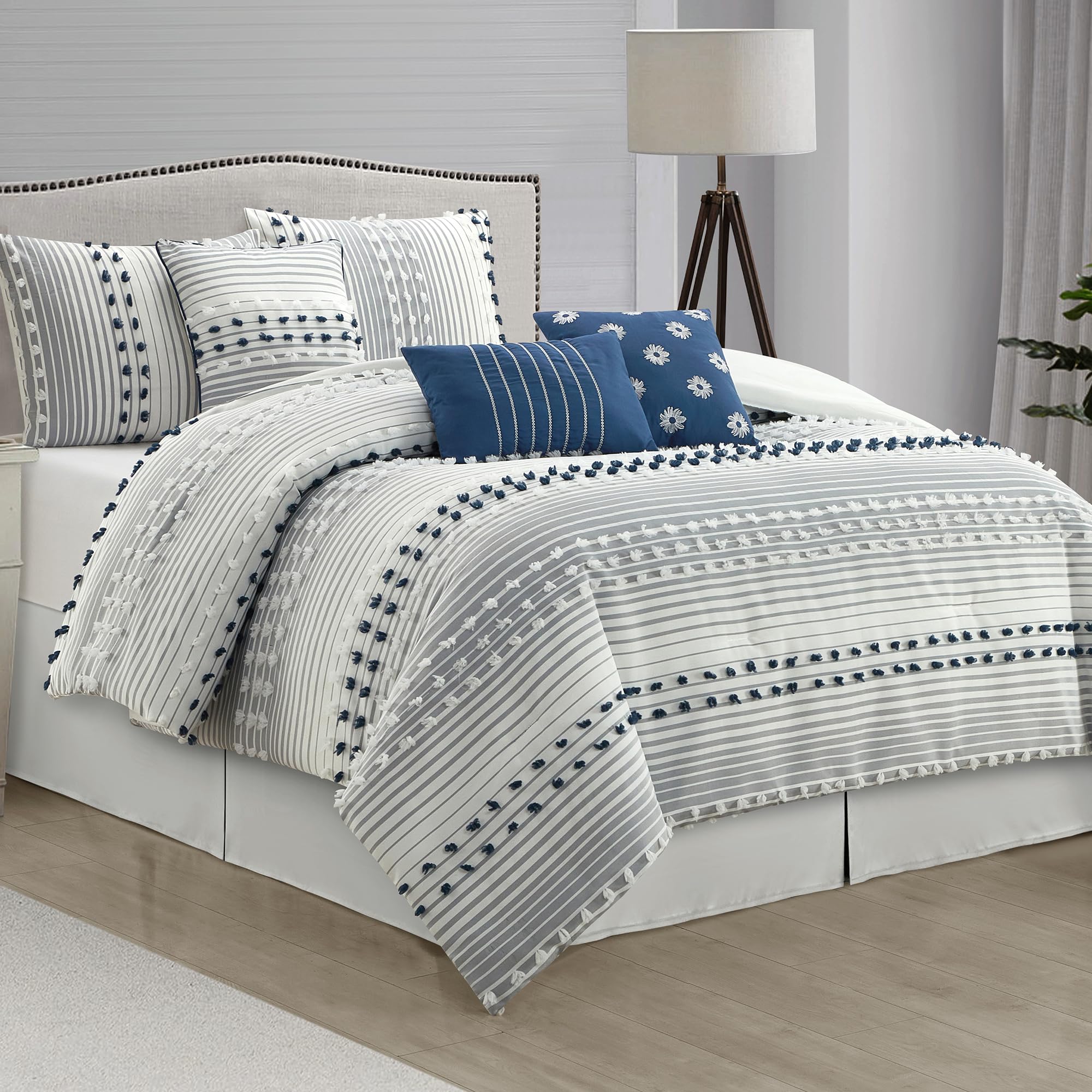 King Comforter Set Blue Jacquard Striped 7-Piece