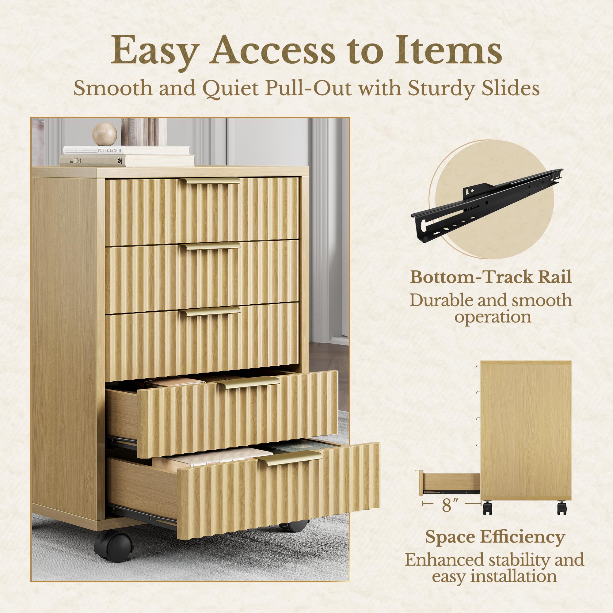 Perledesign Home Office Furniture Set, Fluted Wooden File Cabinet with Locable Wheels, Filing Cabinet with 5 Drawers for Home Office, Light Walnut
