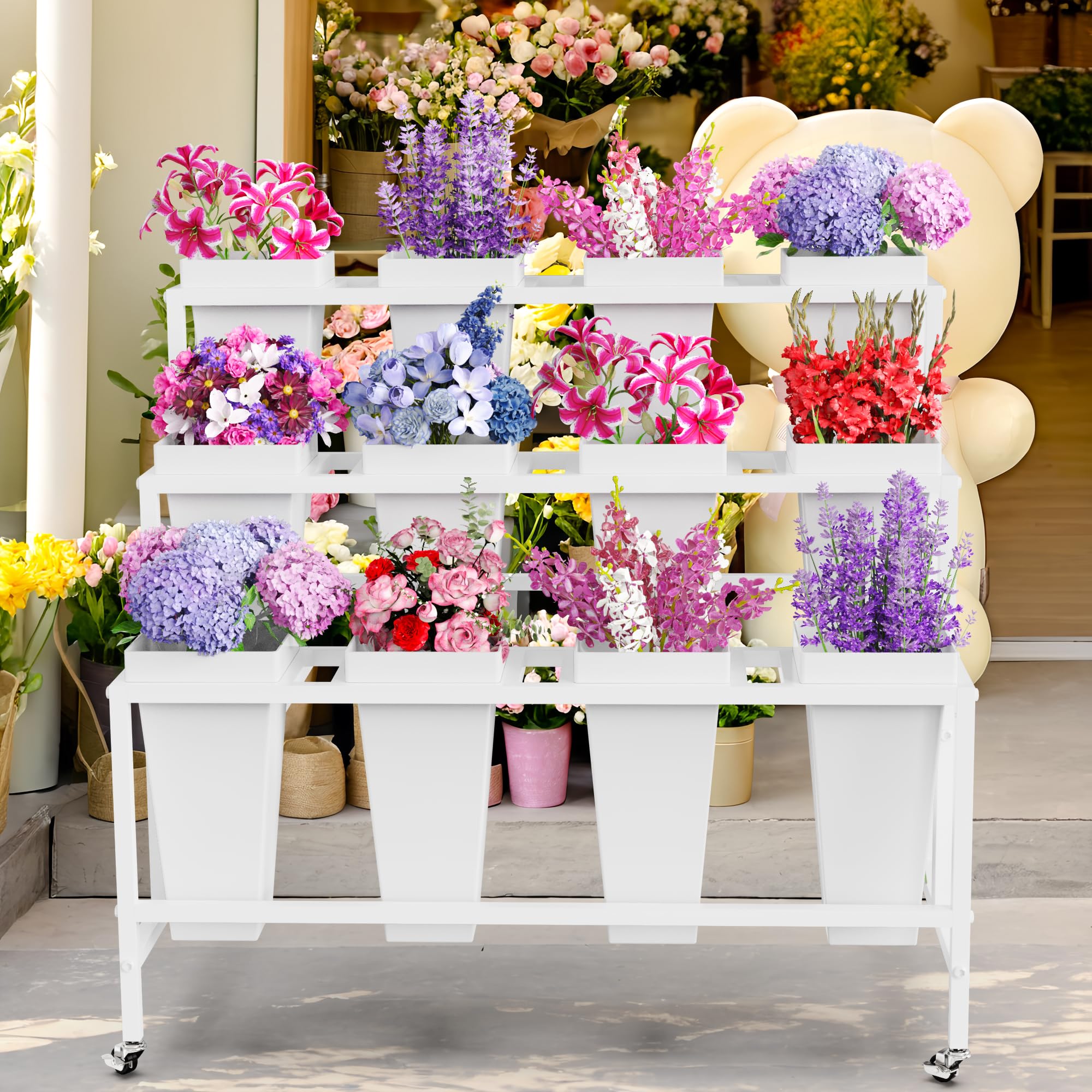 3-Tier Flower Display Stand with 12 Buckets and Wheels