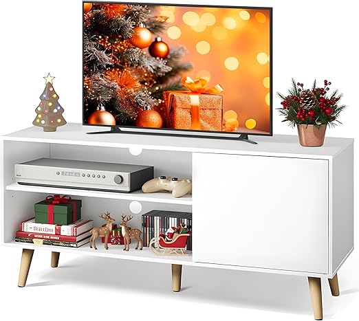 Mid-Century TV Stand with Storage Cabinet White 47 Inch