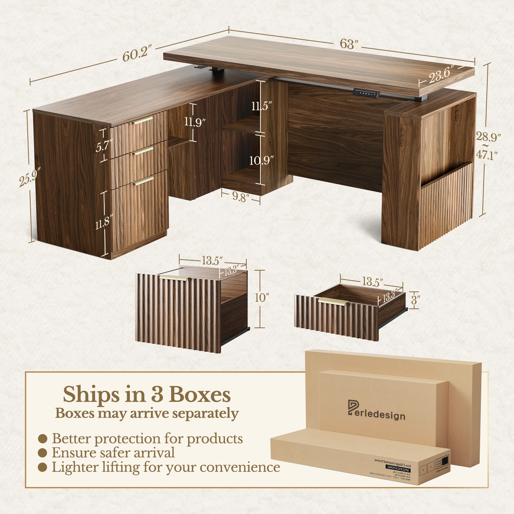 63'' L-Shaped Standing Desk with 2-Drawer File Cabinet