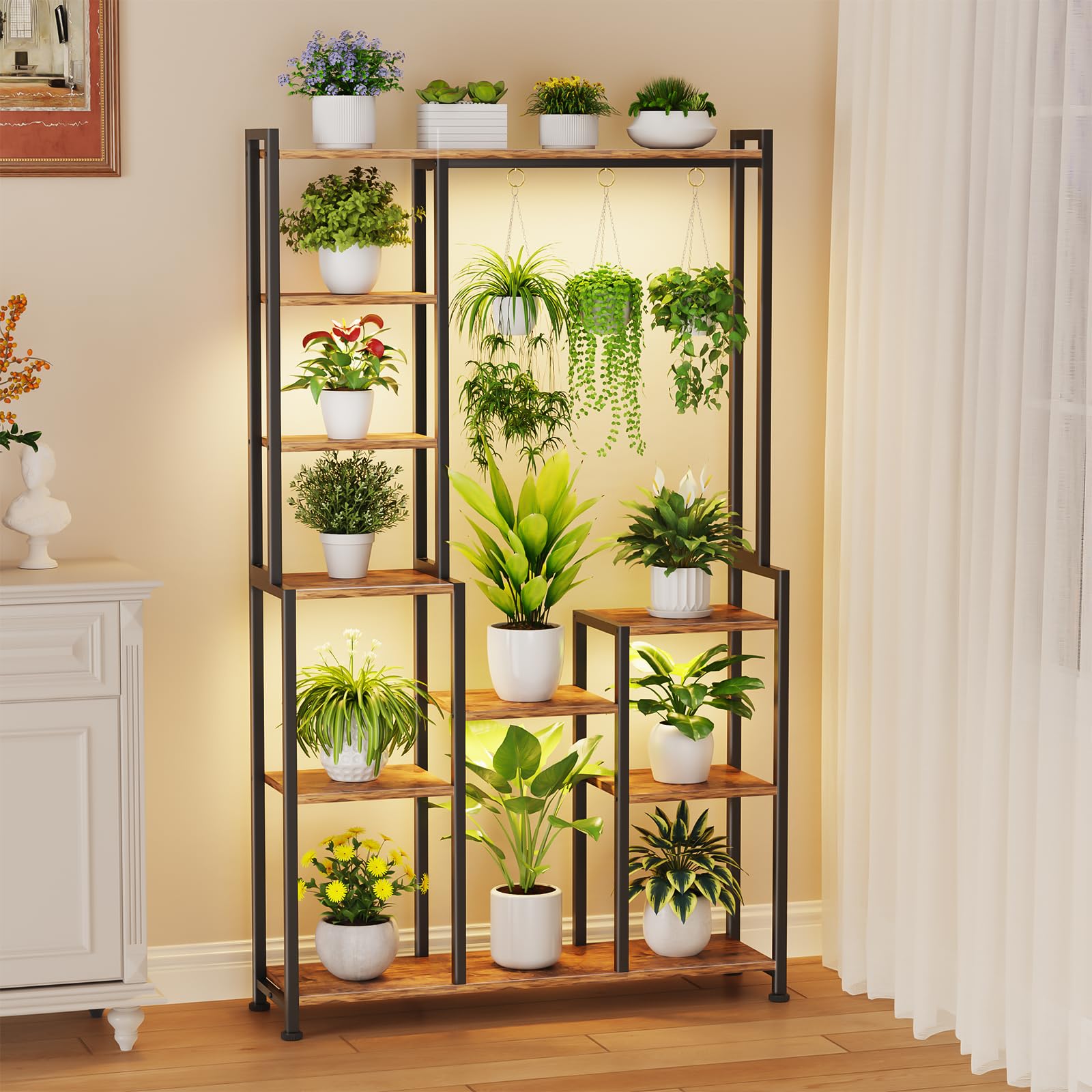Indoor Tiered Metal Plant Stand with Grow Lights and Hooks