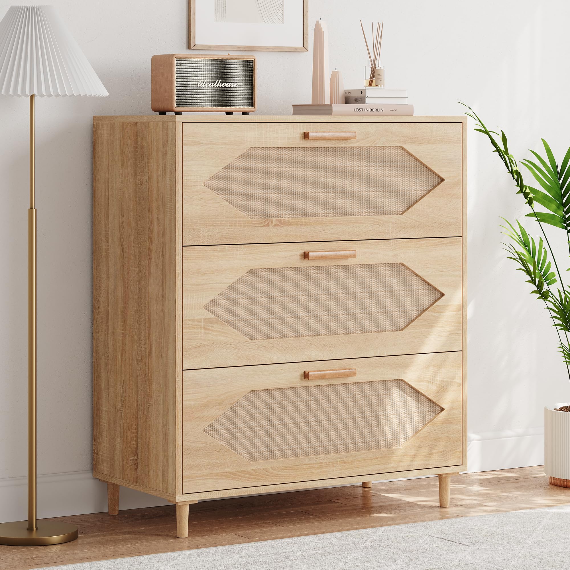 3 Drawer Rattan Dresser with Oak Finish