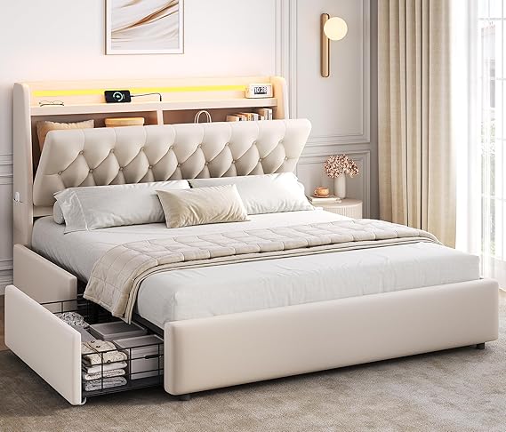 Twin LED Velvet Bed Frame with Storage Drawers and Charging Station