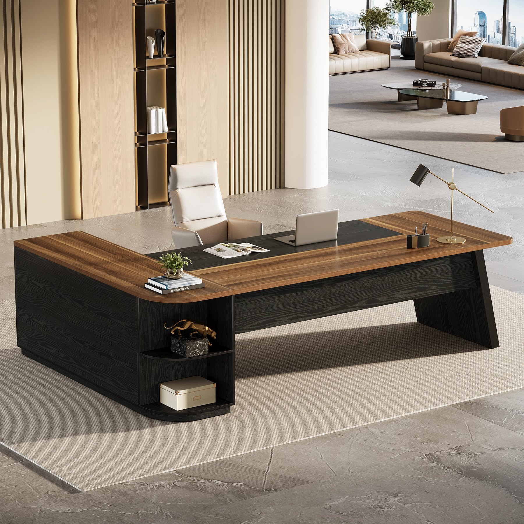 79-Inch L-Shaped Executive Desk with Storage Cabinet