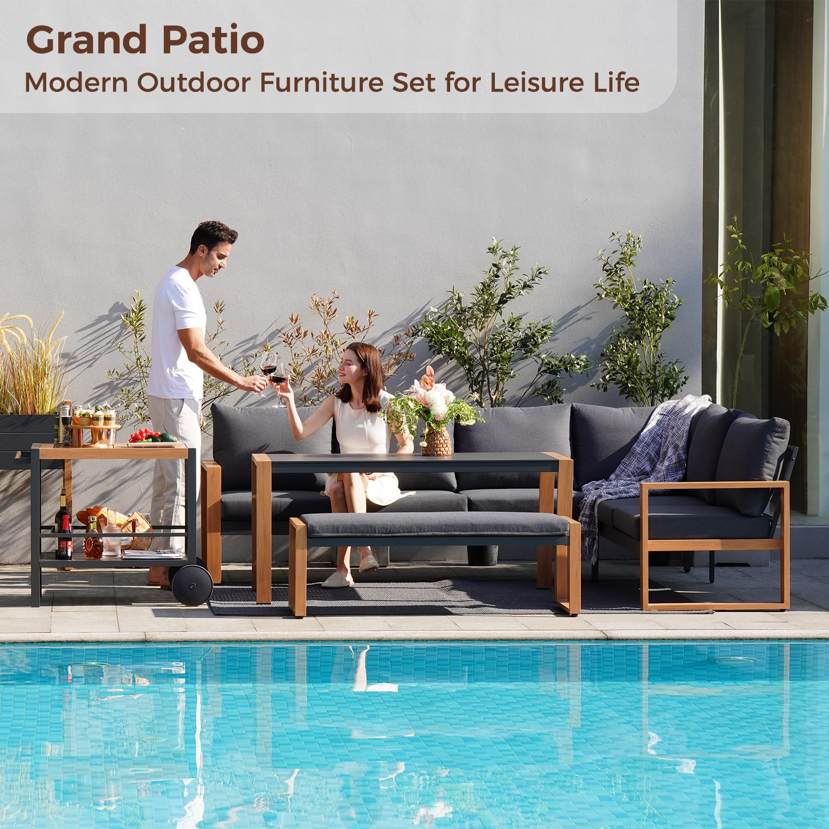 Aluminum L-Shaped Outdoor Sectional Sofa with Dining Table and Bench