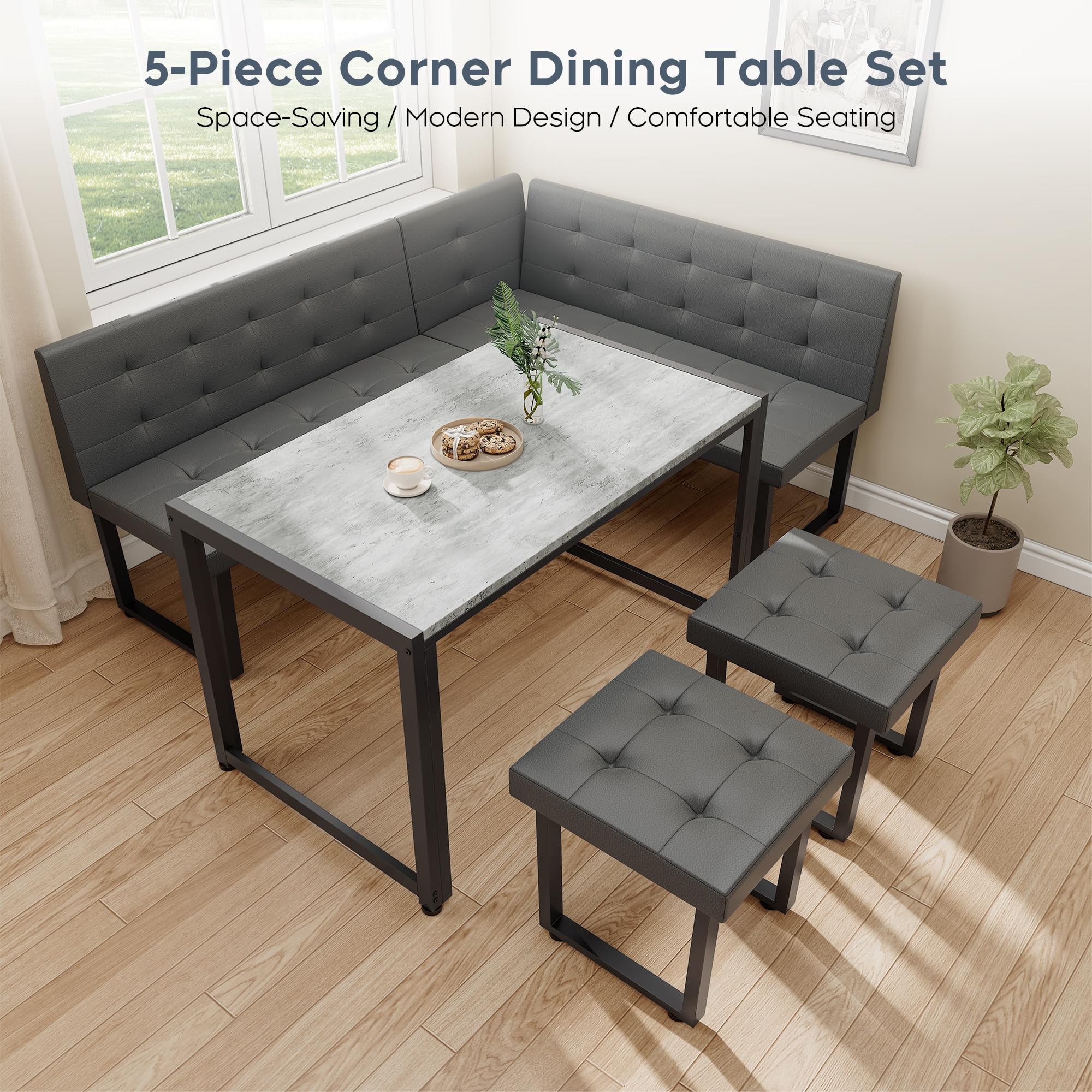 Corner Dining Table Set with Upholstered Banquette 5-Piece