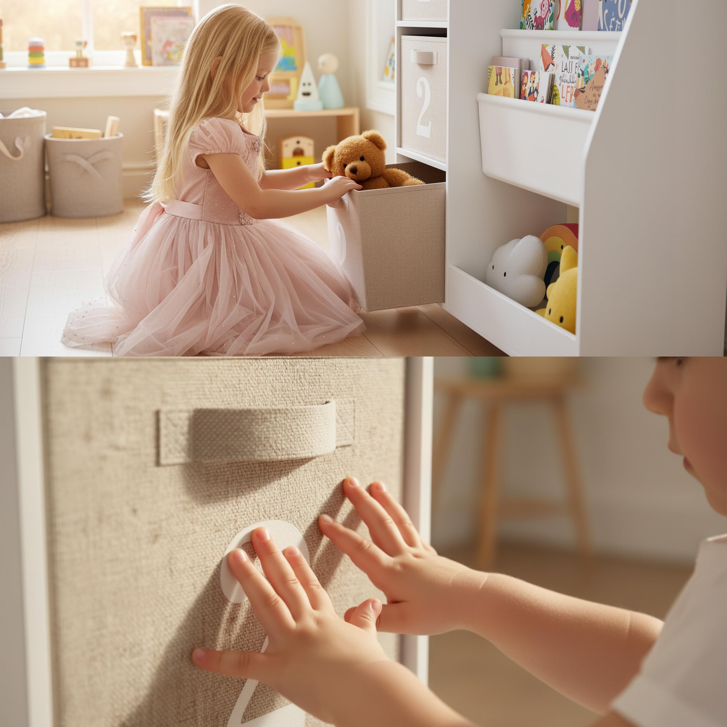 Kids Bookshelf with Storage Bins - 3-Tier Montessori Book Display