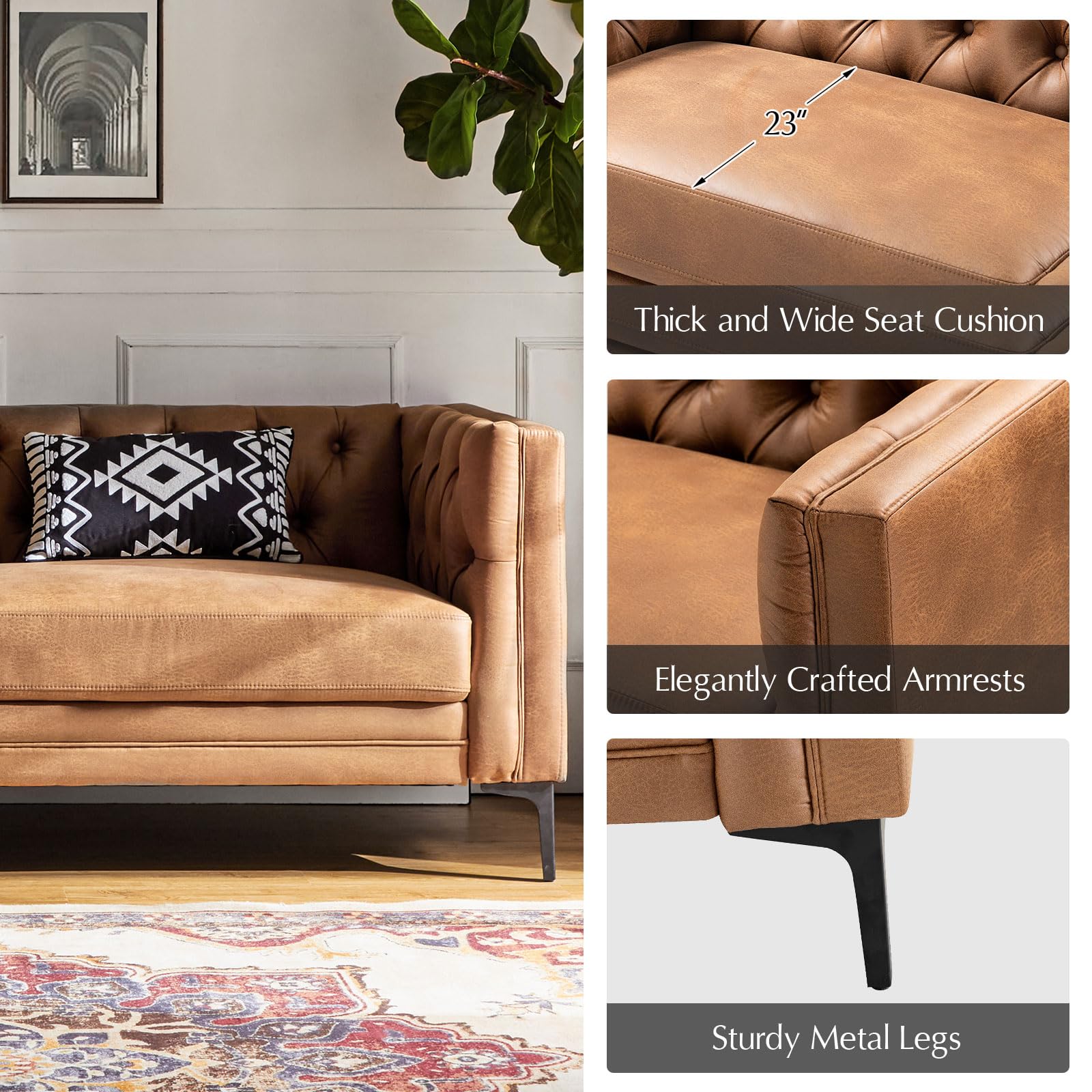 84" Faux Leather Sofa Camel