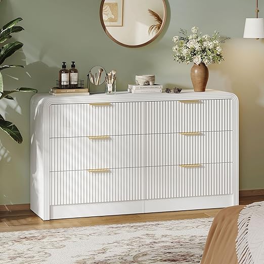 Fluted 6-Drawer Dresser 55 Inch Wide Natural Oak