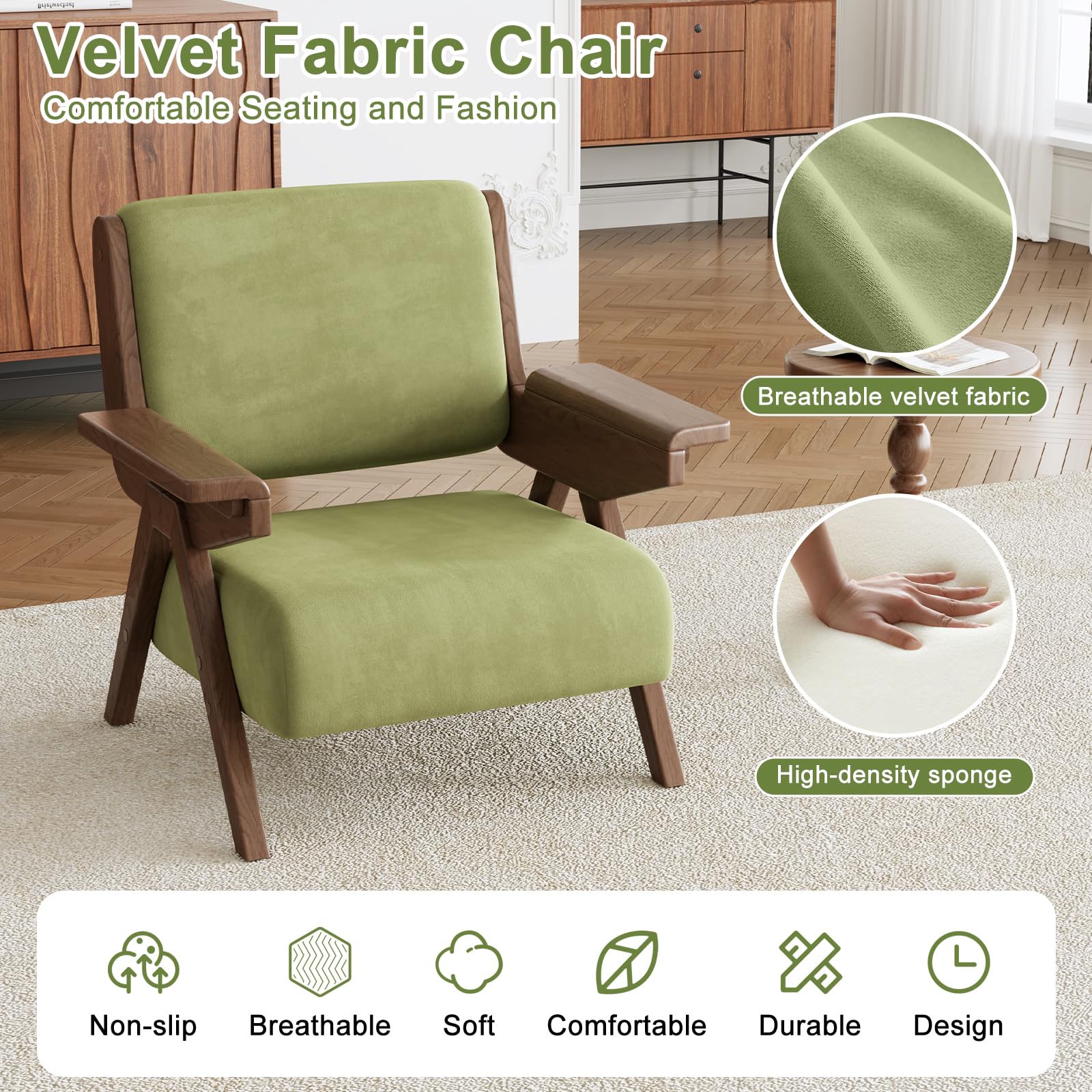Velvet Accent Chair Solid Wood Frame Green